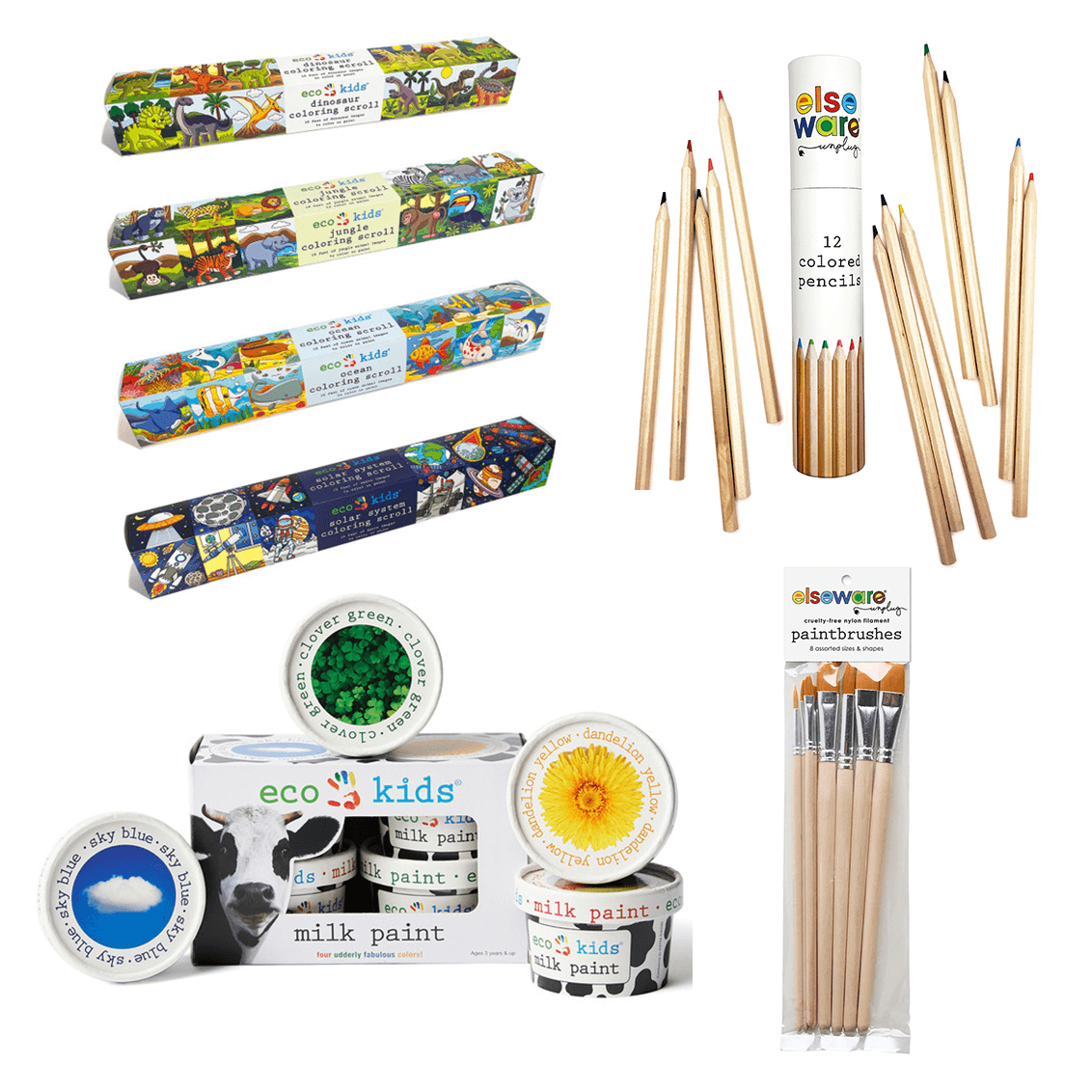 Assorted art supplies including colored pencils, paintbrushes, and milk paint containers on a white background.