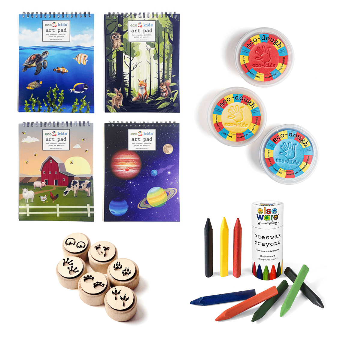 Assorted children's art supplies including coloring books, stamps, crayons, and play dough on a white background.