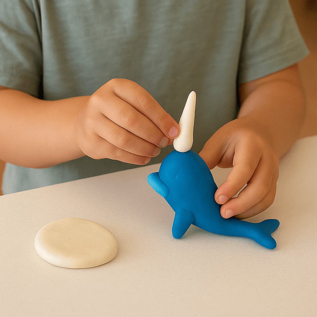 Child playing with a blue narwhal figurine made out of eco-dough on a beige surface