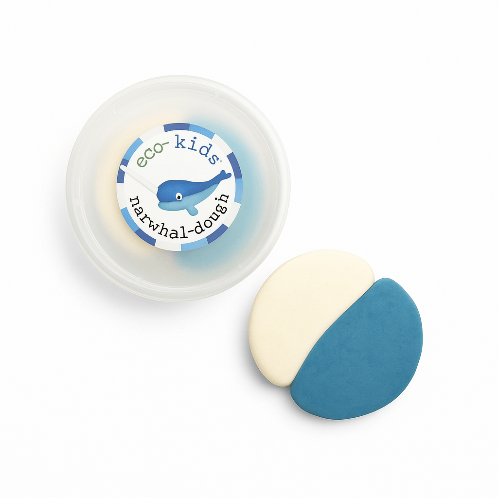 Container of eco-kids narwhal-dough with a ball of dough on a white background