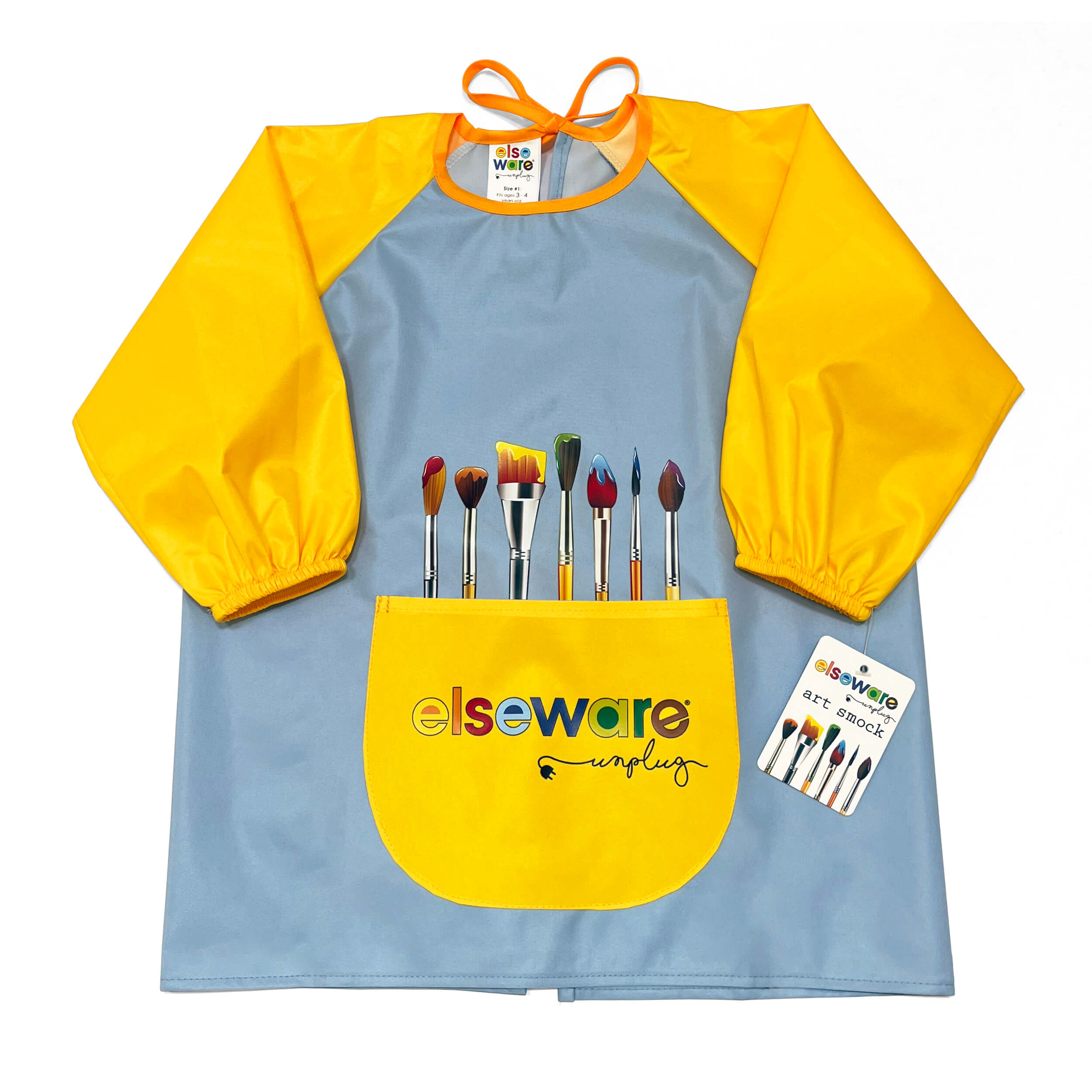Children's elseware unplug smock with paintbrushes on a white background