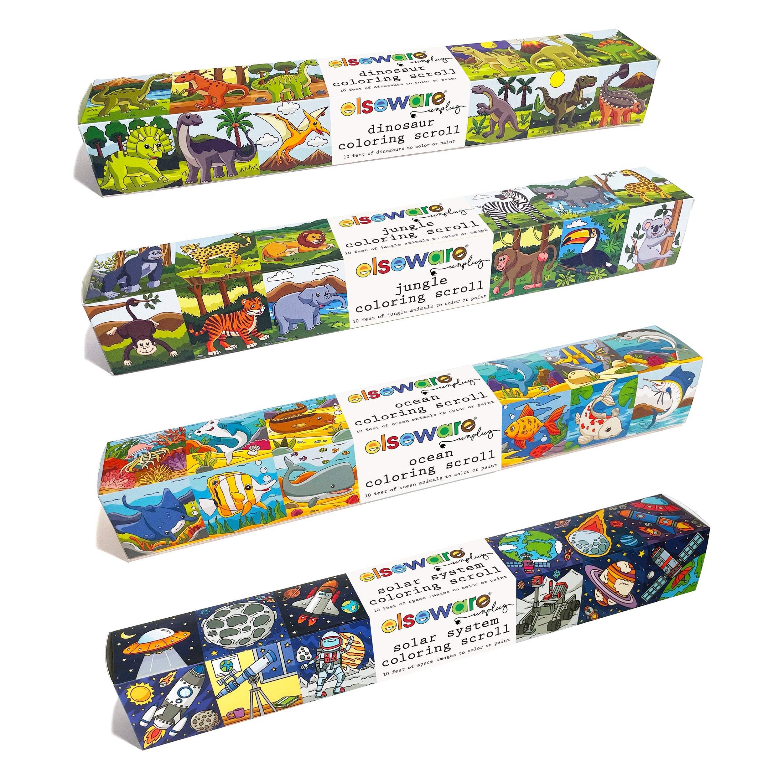 A set of four Elseware Unplug Coloring Scrolls, each in a rectangular illustrated box. The themes include 'Dinosaur Coloring Scroll' with dinosaurs and prehistoric landscapes, 'Jungle Coloring Scroll' featuring jungle animals and trees, 'Ocean Coloring Scroll' showcasing sea creatures and underwater scenes, and 'Solar System Coloring Scroll' depicting astronauts, planets, and outer space. Each box highlights colorful illustrations of the scroll's theme, with the Elseware Unplug logo and product description