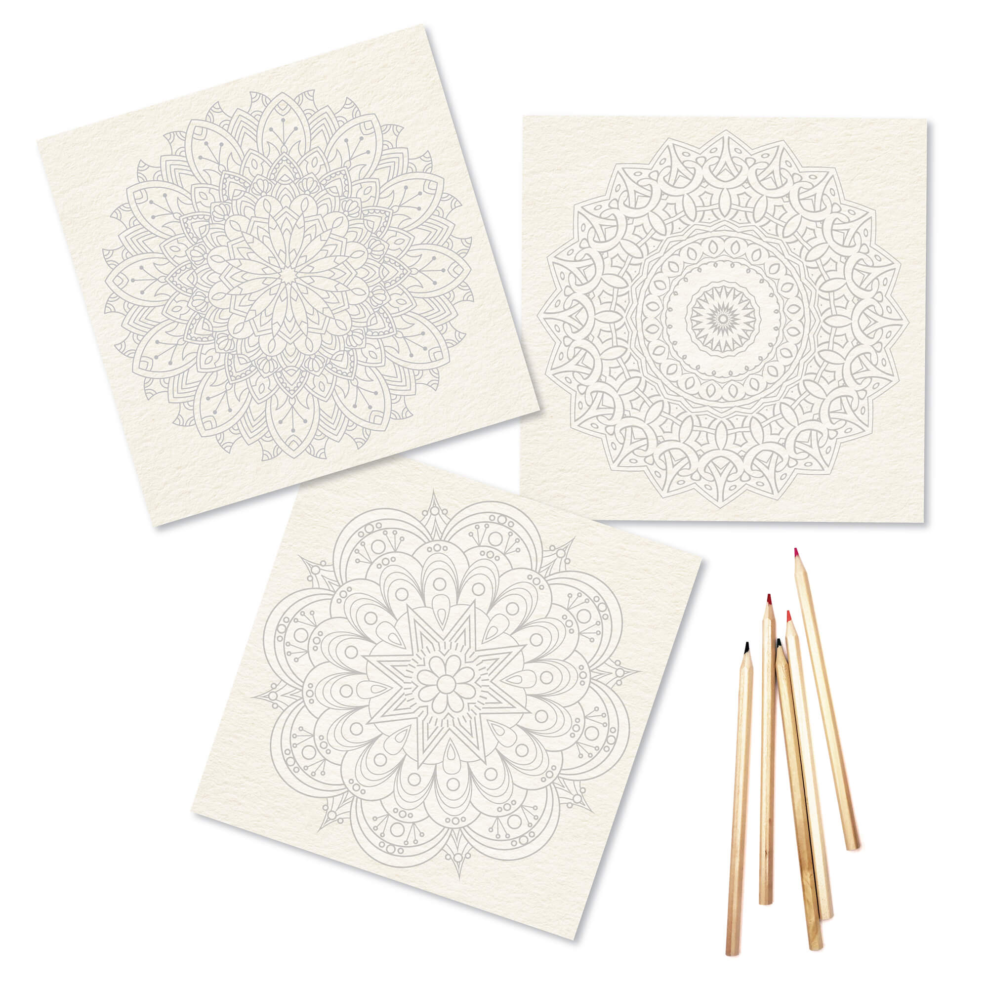 Three Elseware Unplug Mandala Coloring Sheets with intricate black-and-white designs on textured paper, paired with Elseware Unplug natural wood-colored pencils. This eco-friendly art set encourages creativity, mindfulness, and relaxation through coloring.