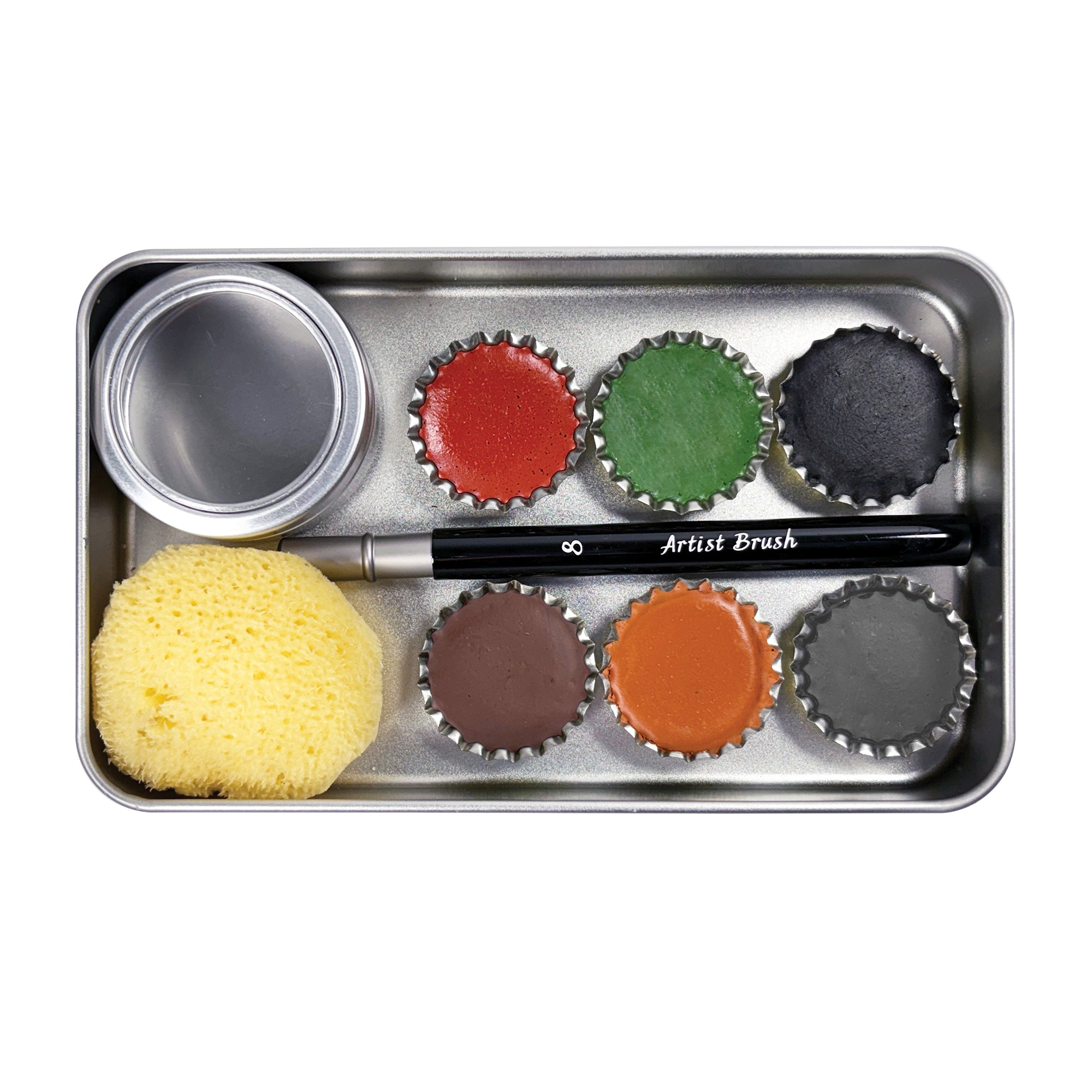 Elseware Unplug’s Handmade Earth Paint Kit, displayed in an aluminum travel case. The kit includes six hand-poured earth paints in rich, natural tones—red, green, black, brown, orange, and gray—each in a magnetized tin cup. Also inside are a reusable natural sponge, a small aluminum water container, and a high-quality artist brush. This eco-friendly, non-toxic paint set is made from naturally colored pigments derived from soil, clay, and minerals, offering a sustainable and grounding creative experience.