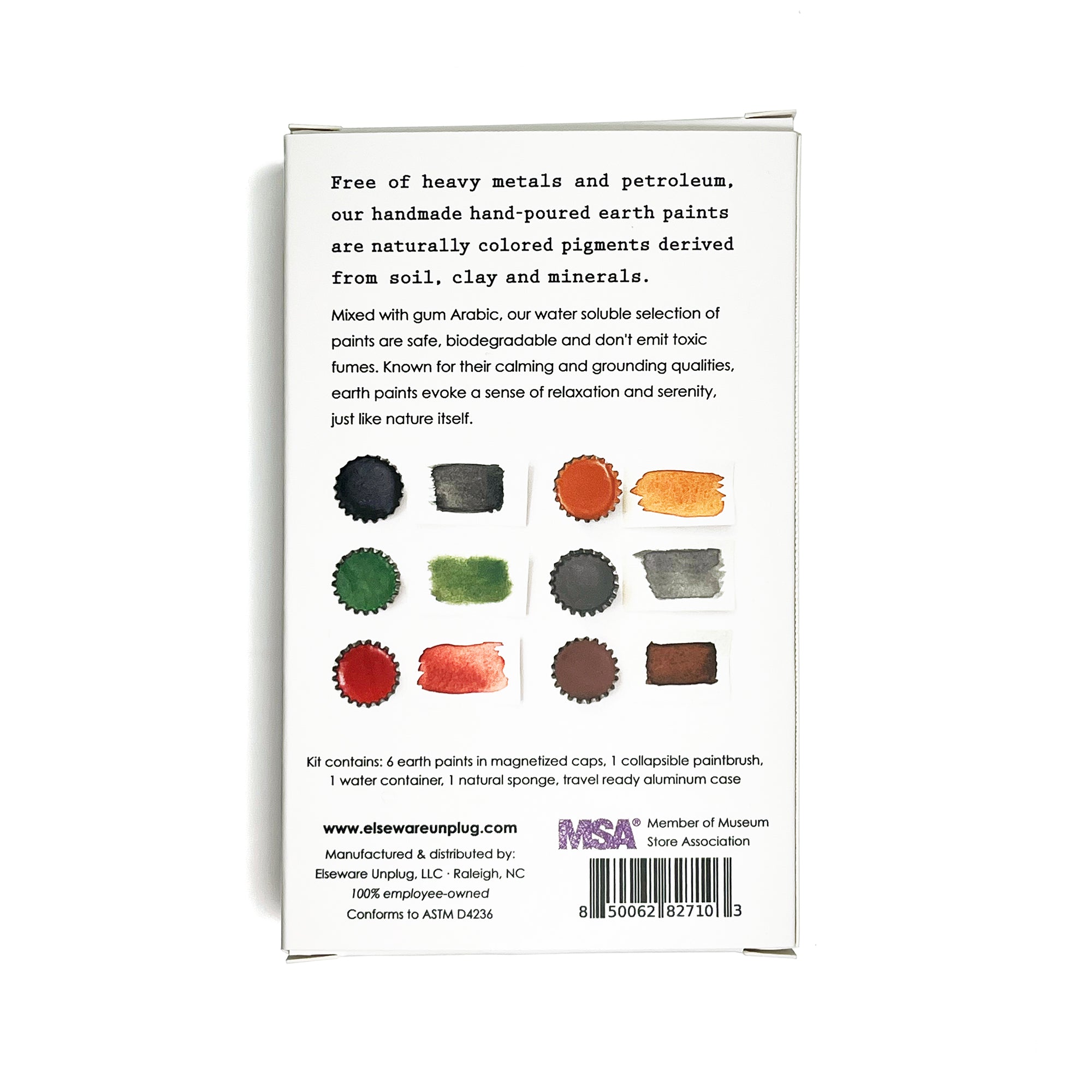 The back of Elseware Unplug's handmade earth paint packaging, featuring a description of the eco-friendly, hand-poured pigments derived from soil, clay, and minerals. The text highlights that these water-soluble paints are biodegradable, free of heavy metals and petroleum, and known for their calming and grounding qualities. Below the text, six rich earth paint colors are displayed in small tin cups, each accompanied by a painted swatch showcasing its natural hue. The packaging also lists the kit contents,