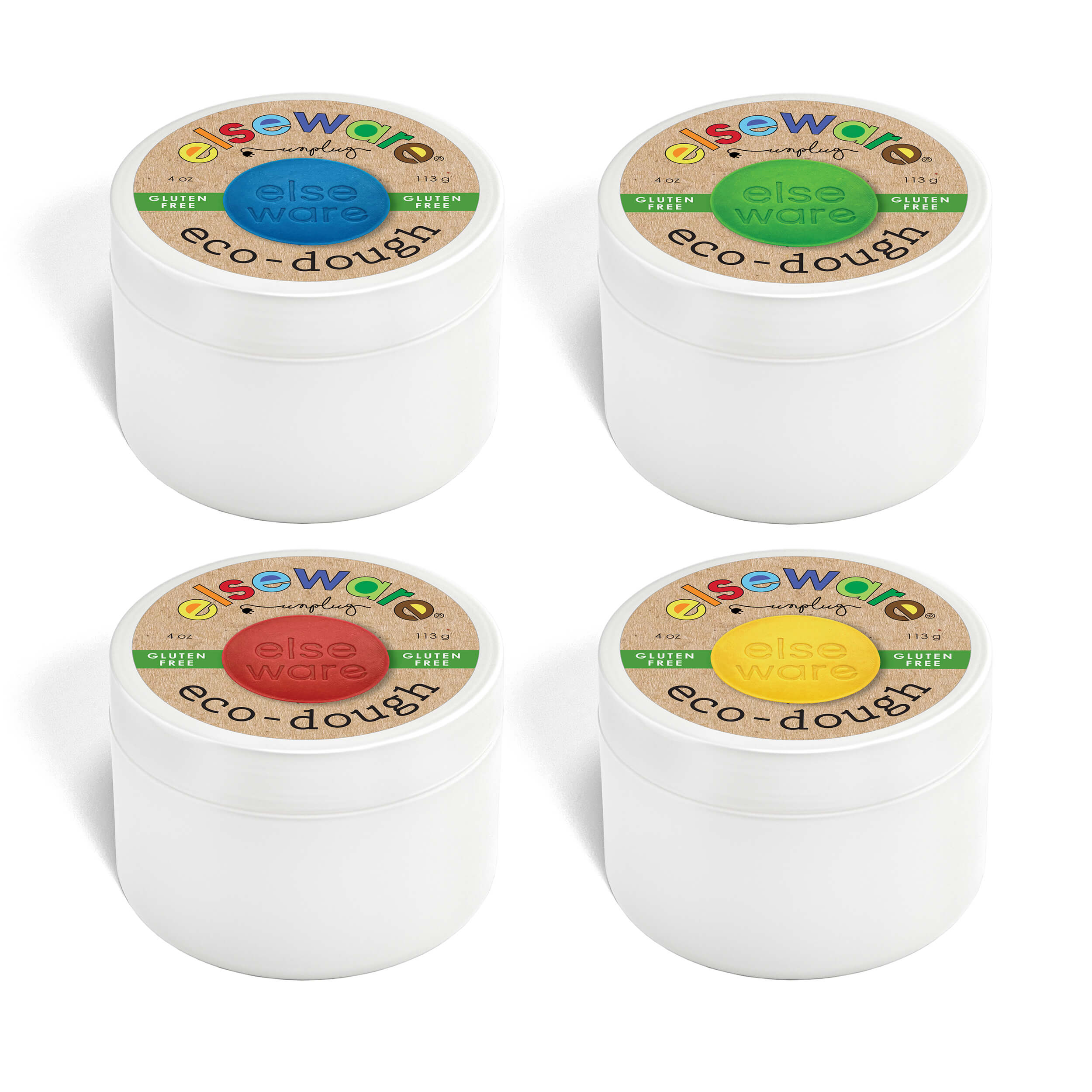 Set of four Elseware Unplug eco-dough jars in blue, green, red, and yellow on a white background.
