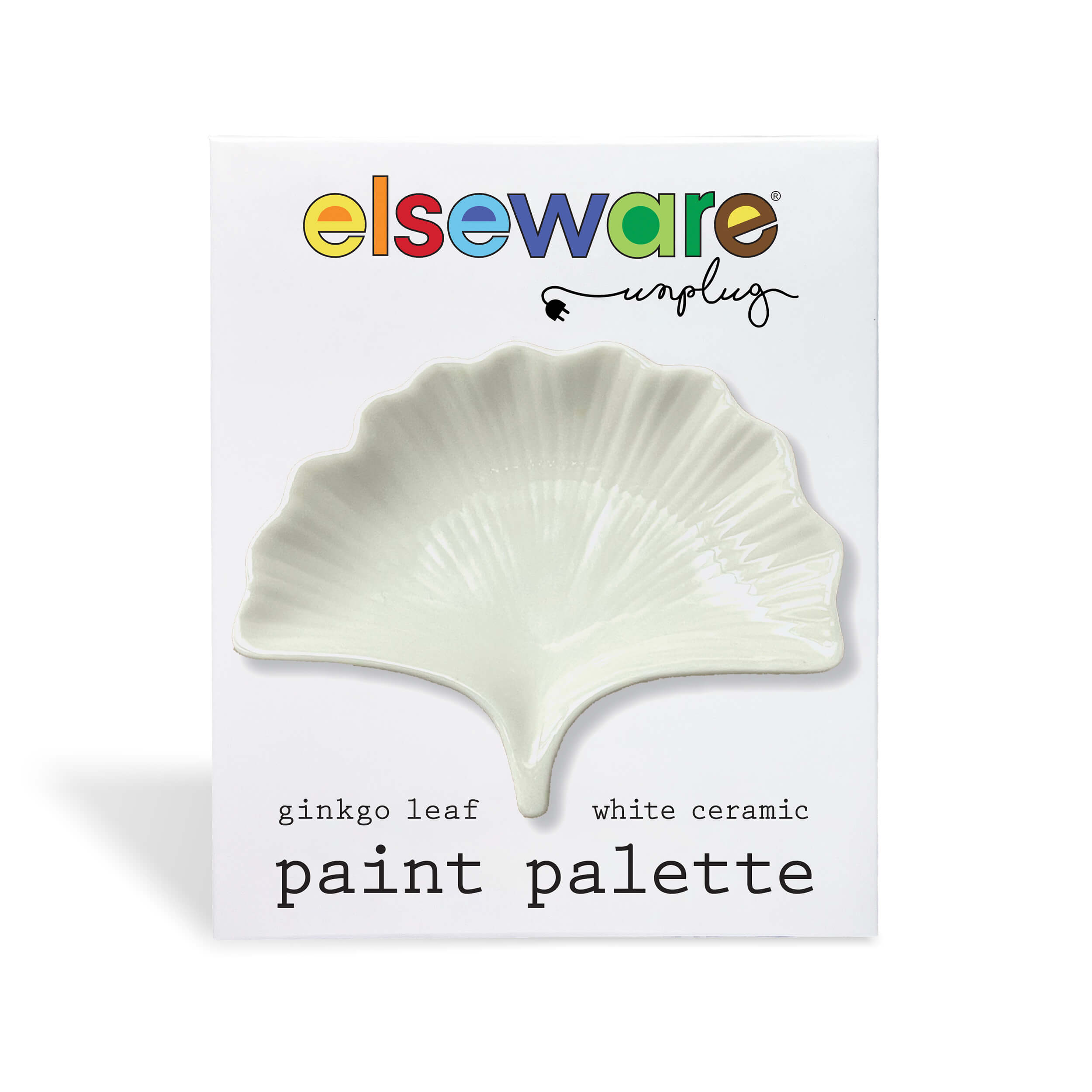 White ceramic ginkgo leaf paint palette on Elsewhere Unplug packaging