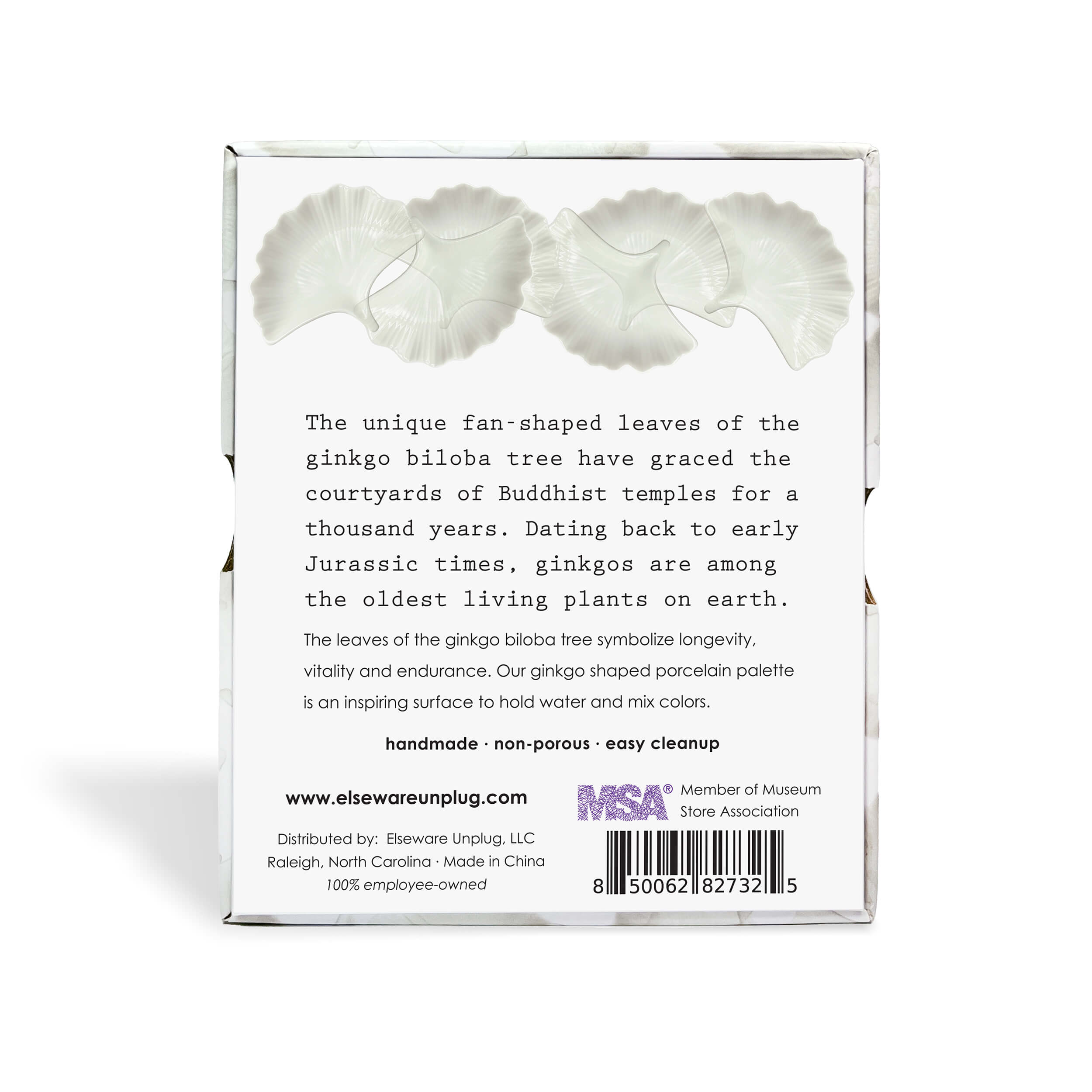 Back of a ginkgo leaf-shaped product packaging with text and branding.