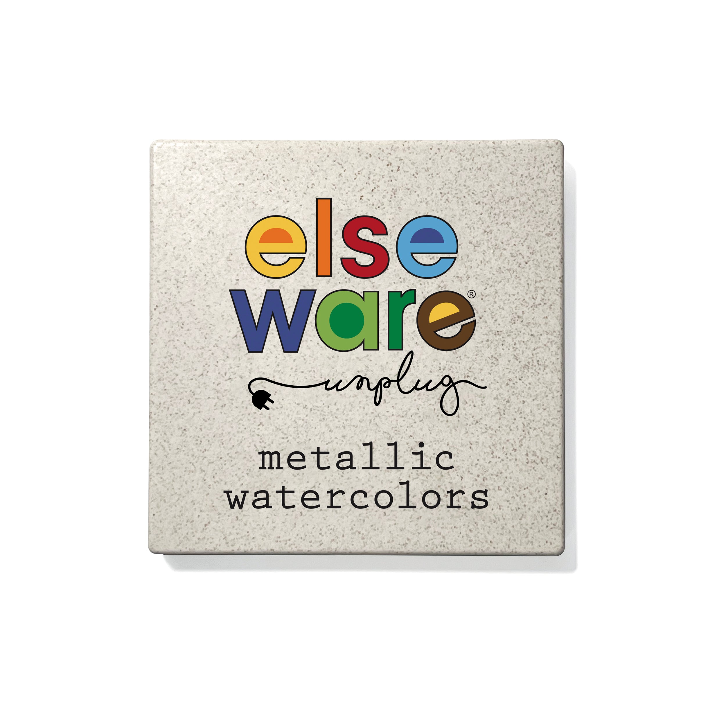 Elseware Unplug Metallic Watercolors compact case made from eco-friendly wheat straw bioplastic. This portable palette contains nine shimmering pastel shades of hand-poured watercolors, perfect for adding sparkle to any creative project.
