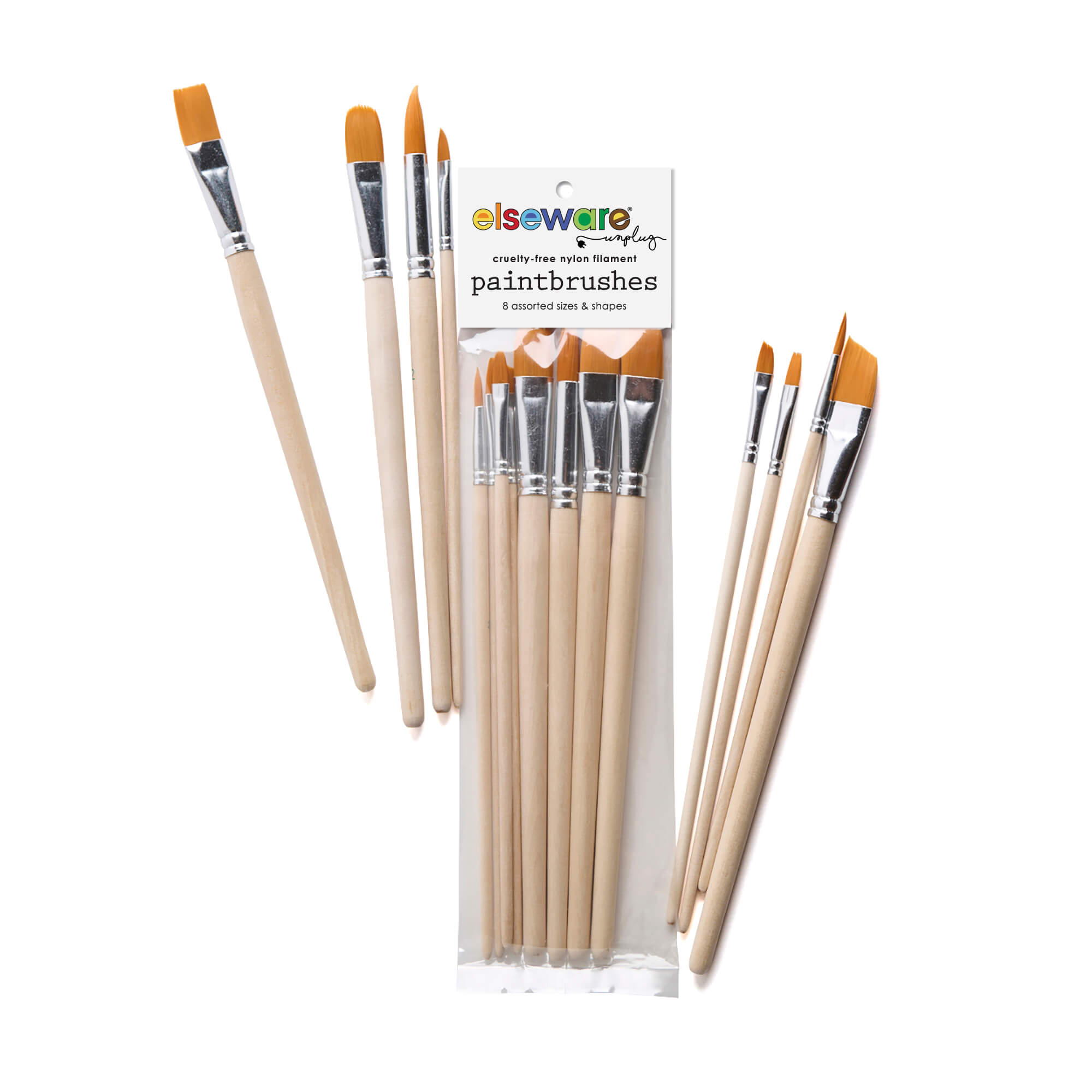 Packaged Elseware Unplug paintbrush set with eight wooden-handled brushes, labeled as cruelty-free nylon filament.