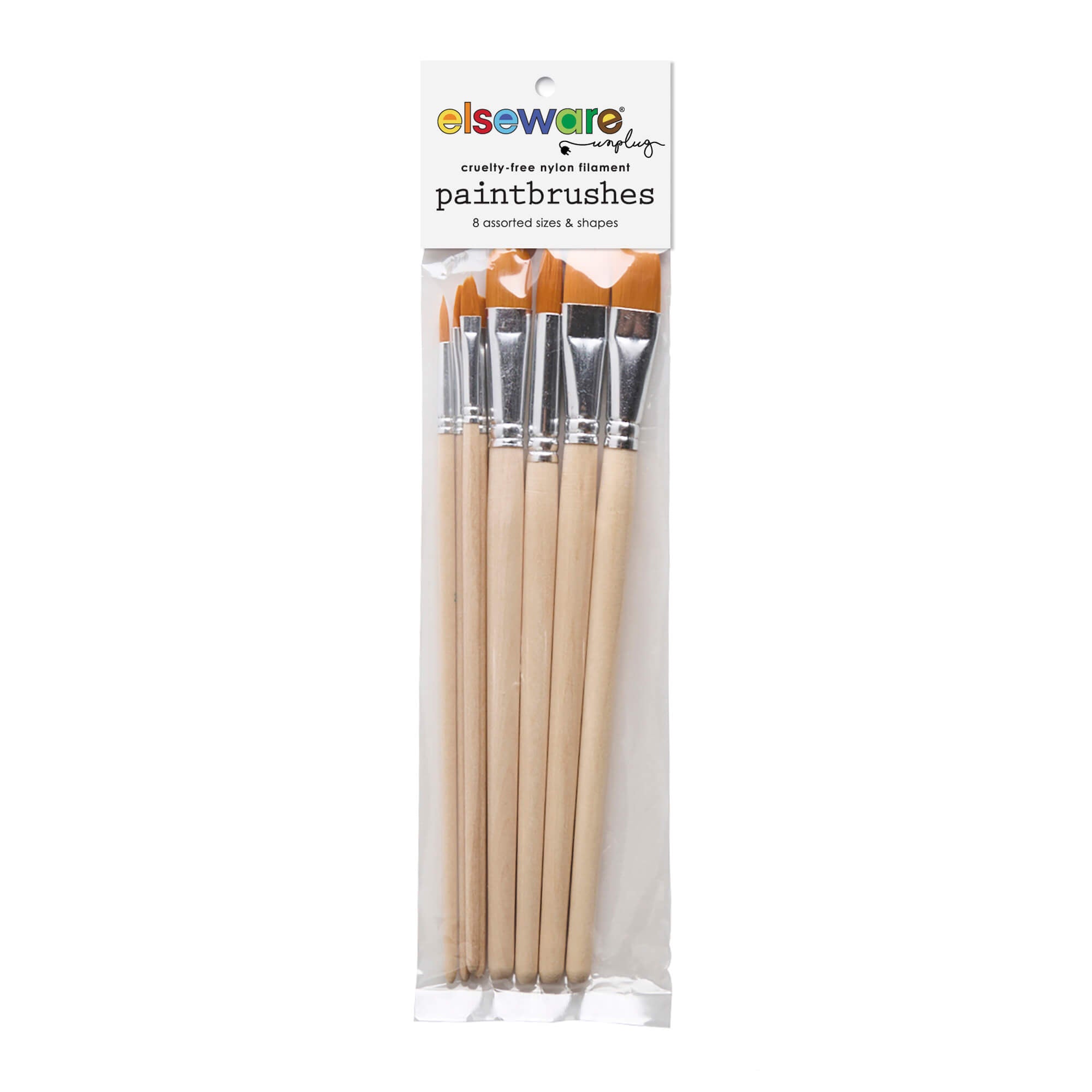 Elseware Unplug paintbrush set in clear packaging surrounded by eight wooden-handled brushes laid out to show variety.