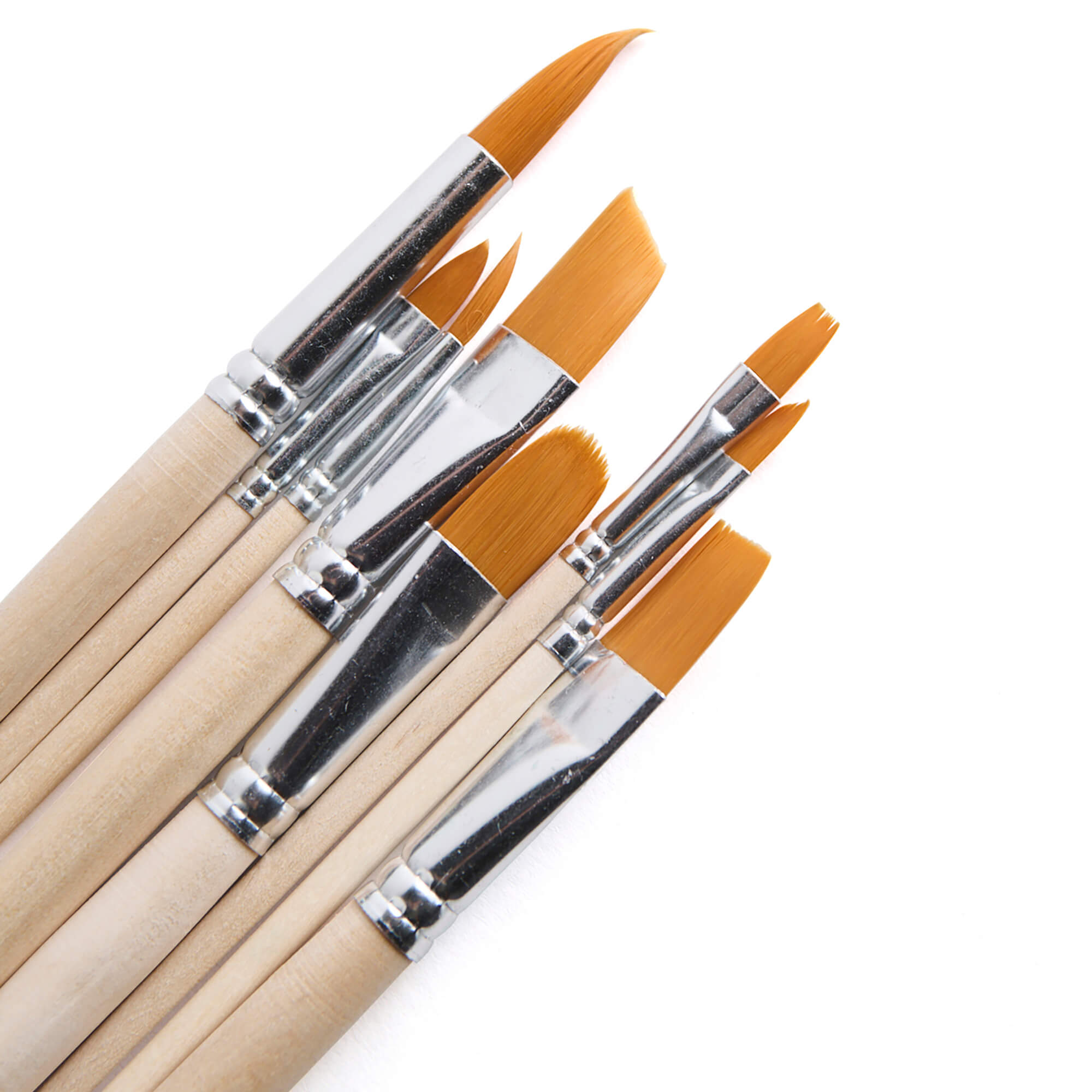 Close-up of eight paintbrushes with wooden handles and golden nylon bristles in assorted shapes and sizes.
