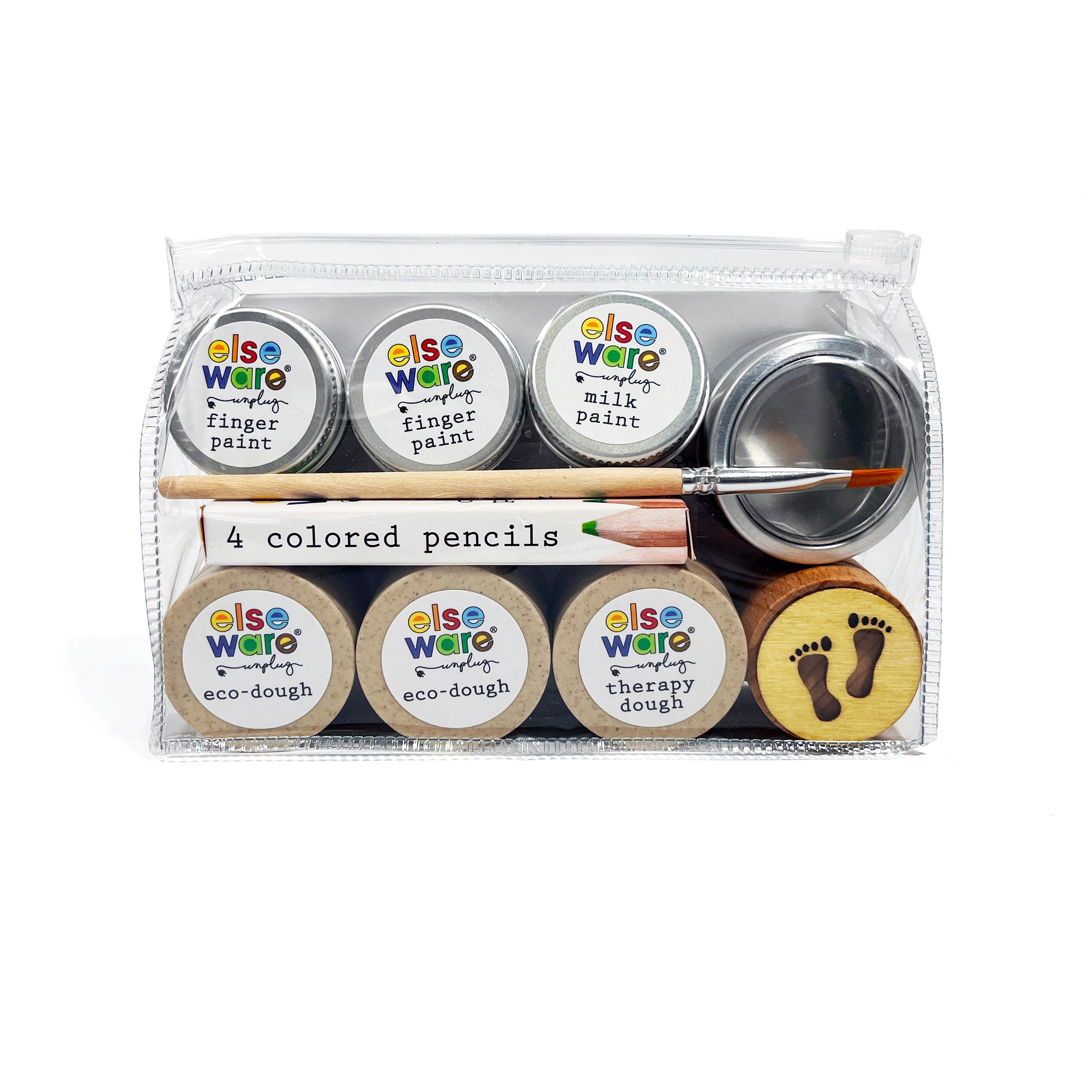 Elseware Unplug Sample Kit in a clear zippered pouch, featuring a curated collection of earth-friendly, non-toxic art supplies. Includes finger paints, milk paint, colored pencils, a paintbrush, eco dough, therapy dough, an animal tracker, and more. Perfect for sparking creativity, encouraging relaxation, and unplugging from technology on the go.