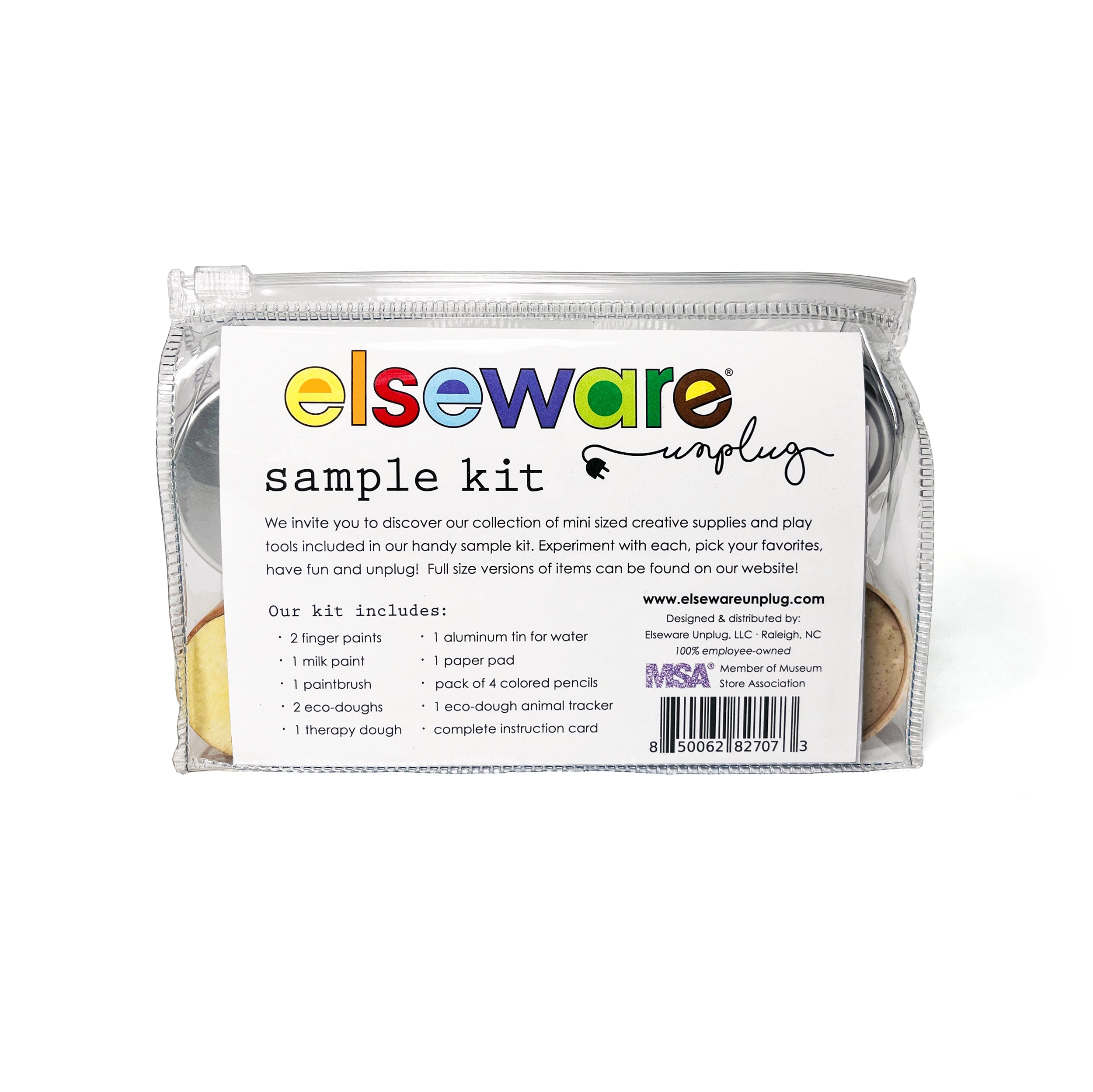 Elseware Unplug Sample Kit in a clear zippered pouch with a label listing its contents. The kit includes mini-sized creative supplies such as finger paints, milk paint, a paintbrush, eco-dough, therapy dough, an aluminum tin for water, a paper pad, four colored pencils, an eco-dough animal tracker, and an instruction card. A perfect set for unplugging and exploring creativity with safe, earth-friendly materials.