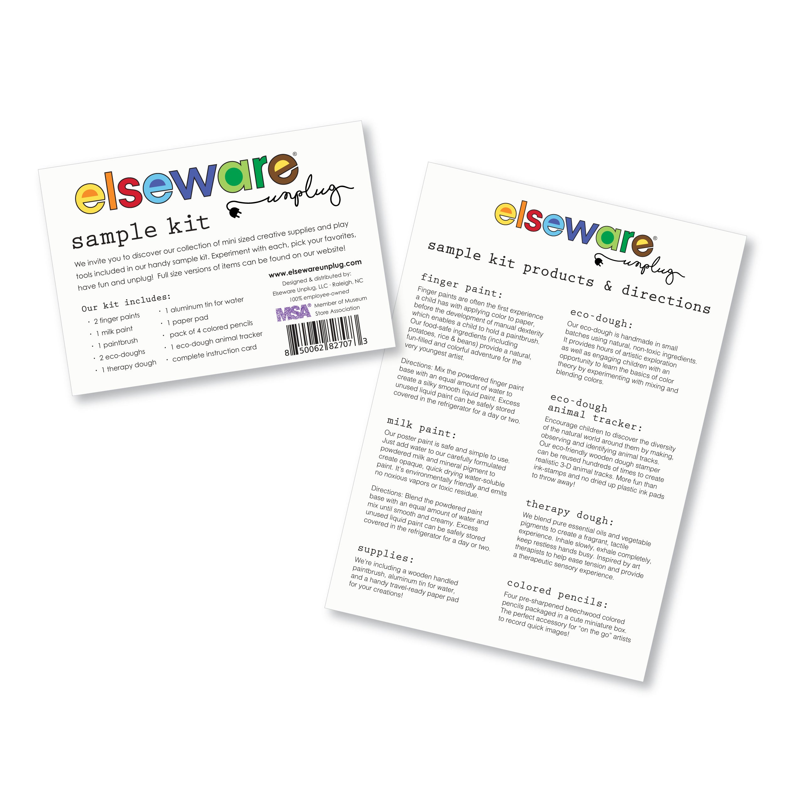 Two instruction cards for the Elseware Unplug Sample Kit. One card lists the kit’s contents, including finger paints, milk paint, a paintbrush, eco-dough, therapy dough, an aluminum tin for water, a paper pad, four colored pencils, an eco-dough animal tracker, and an instruction card. The second card provides product details and usage directions, describing how to mix the paints, use eco-dough for sensory play, and engage with the animal tracker for creative exploration.