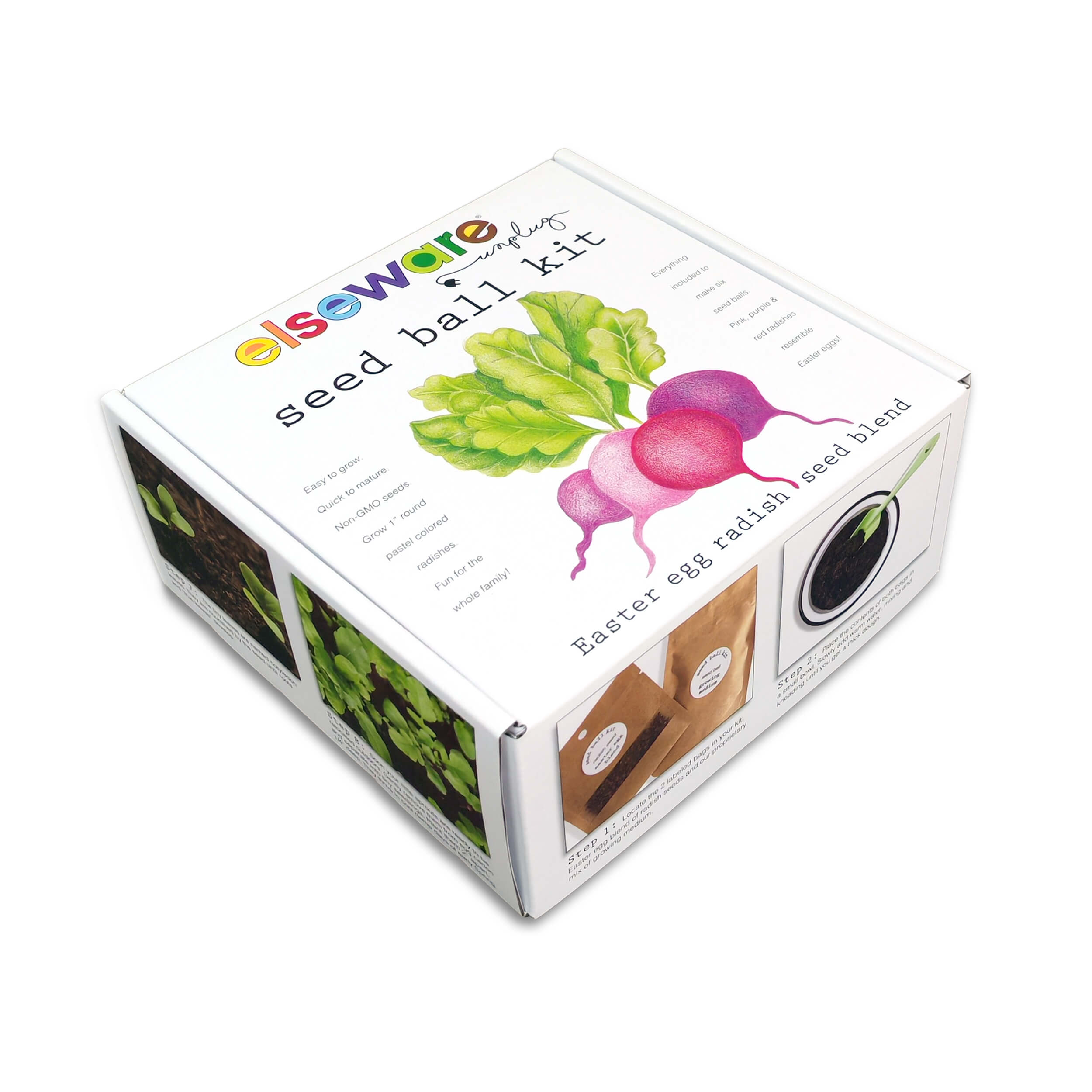 Seed ball kit packaging with Easter egg and radish design on a white background