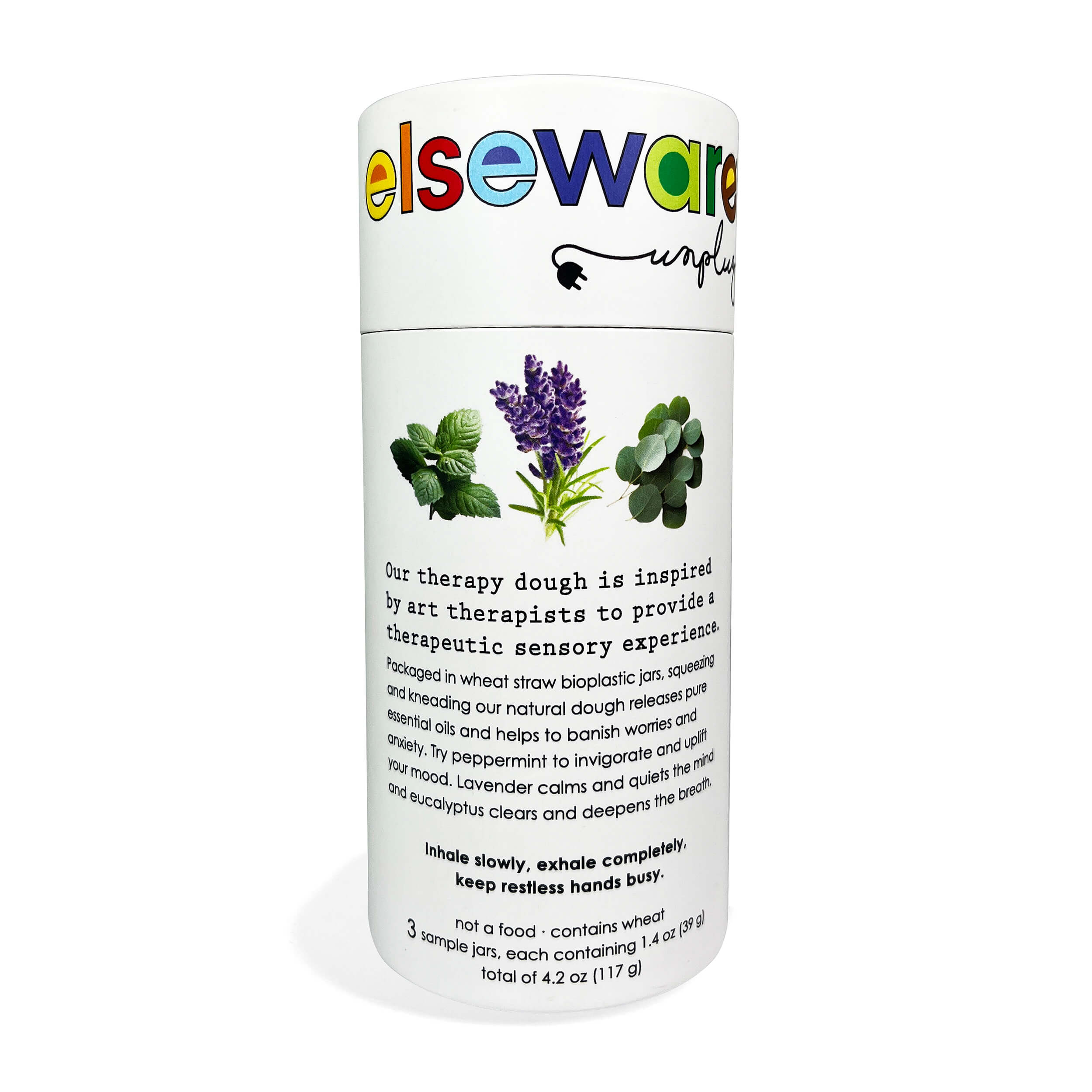 Container of Elseware therapy dough with lavender and eucalyptus images on a white background