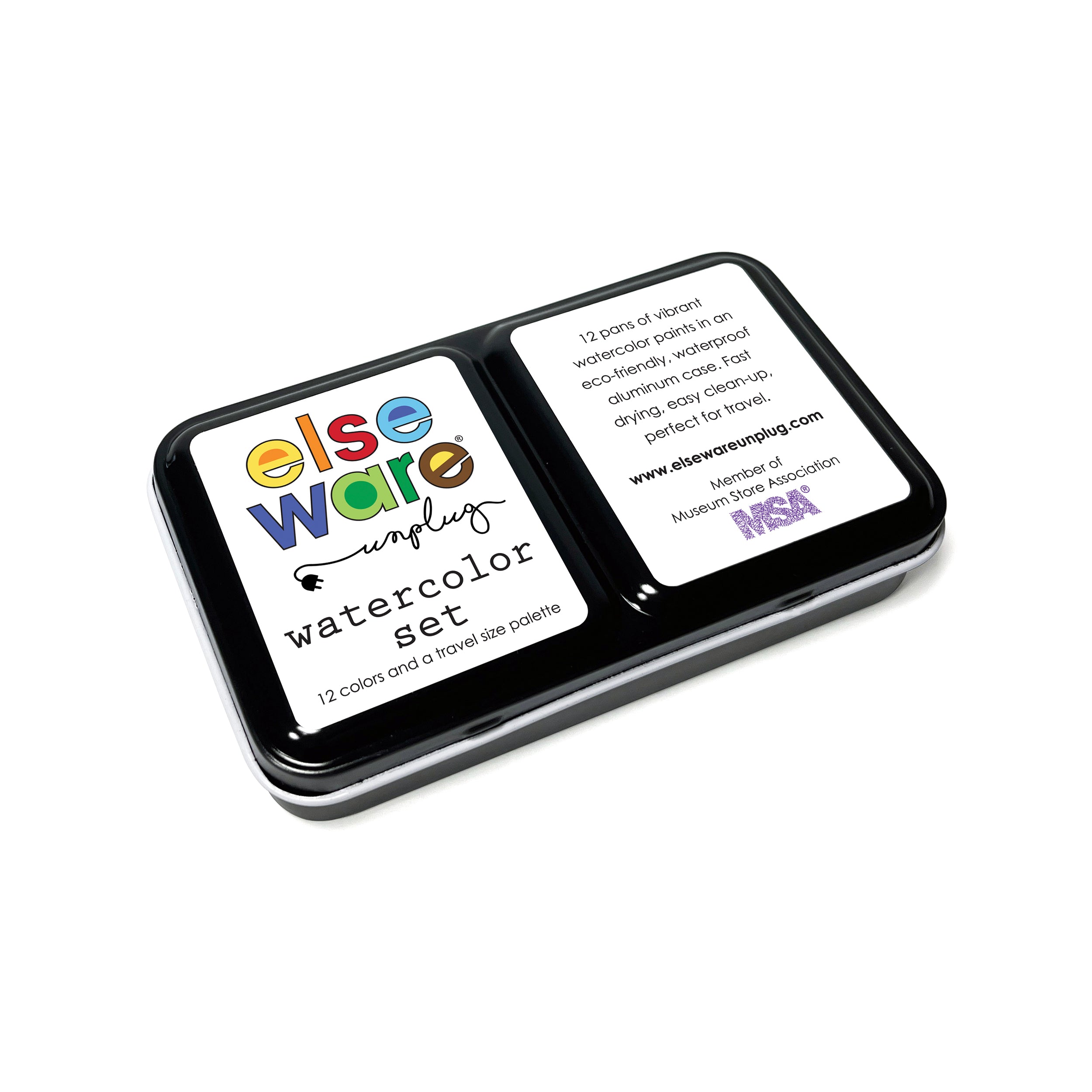 "Elseware Unplug Watercolor Set in a black aluminum travel case. The top of the case features the Elseware Unplug logo along with product details stating it contains 12 vibrant watercolor pans. A second label describes the eco-friendly, waterproof aluminum case, which is designed for easy portability and fast drying. Member of the Museum Store Association.