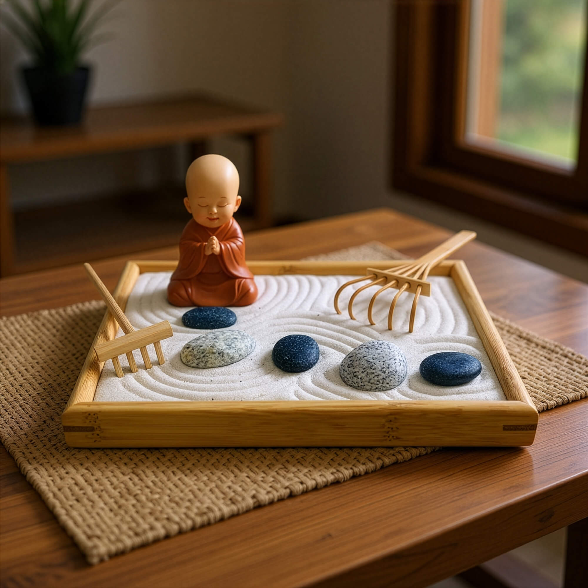 Zen garden with rocks, a small statue, and tools on a wooden tray.