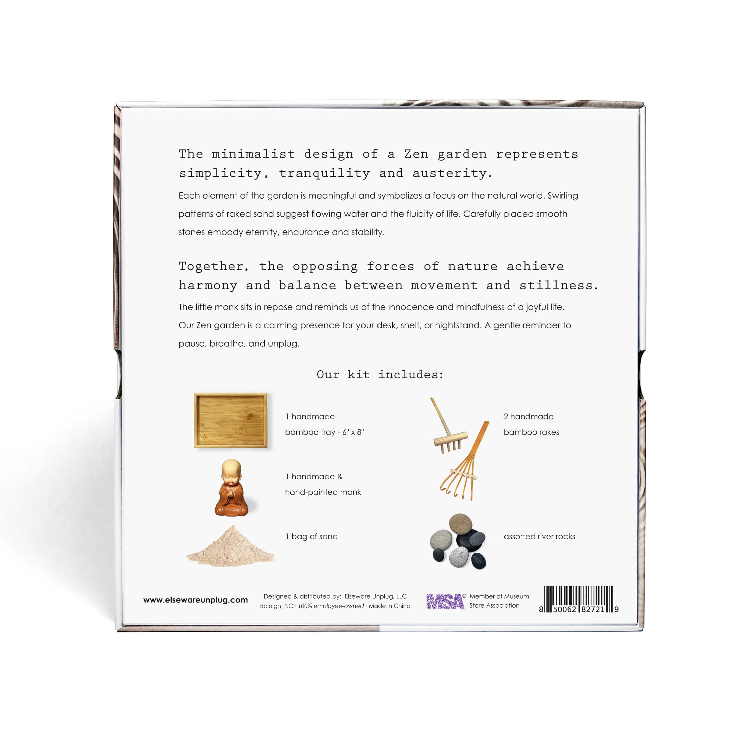 Back of a Zen garden kit packaging with text and illustrations.