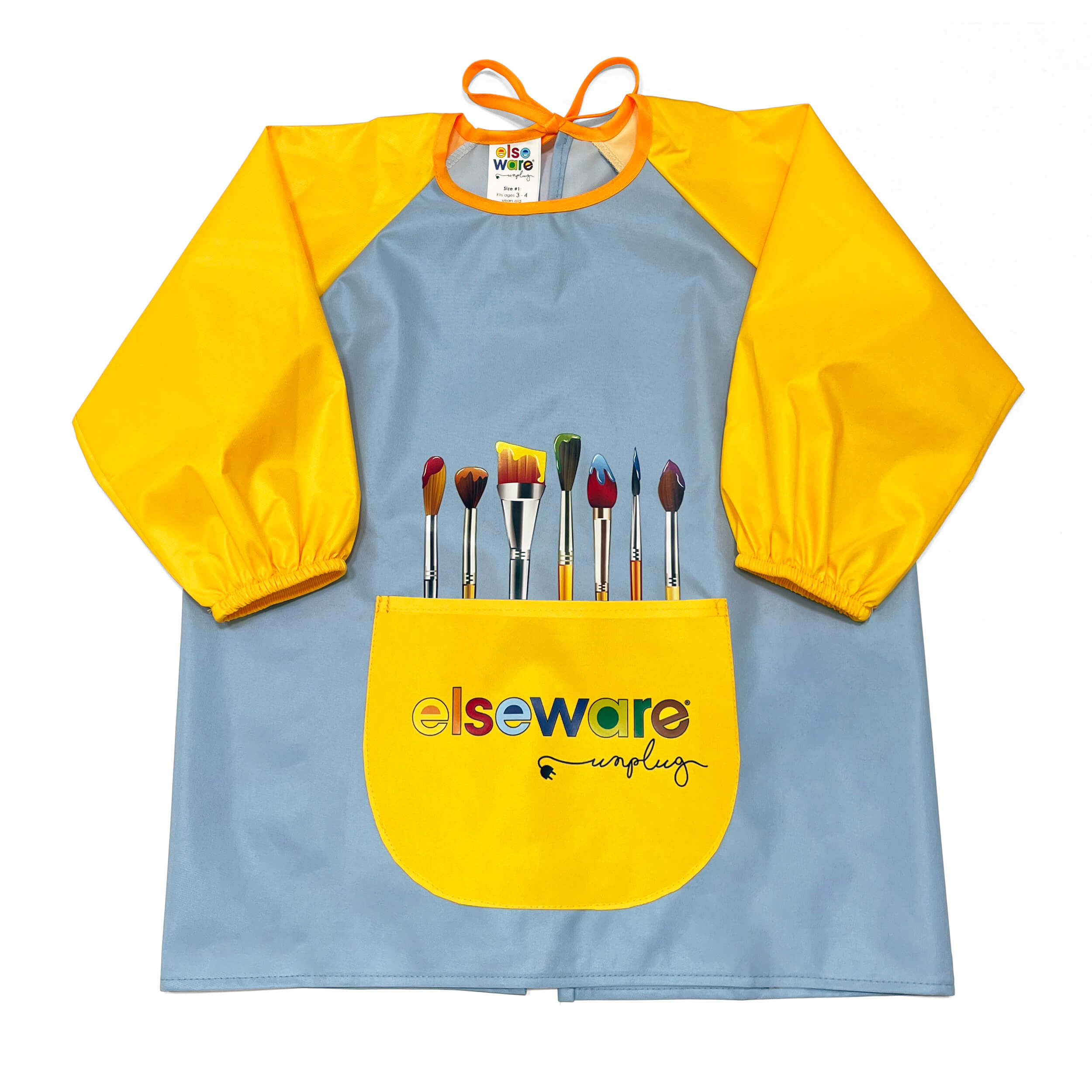 Children's apron with paintbrushes and 'elseware' branding on a white background
