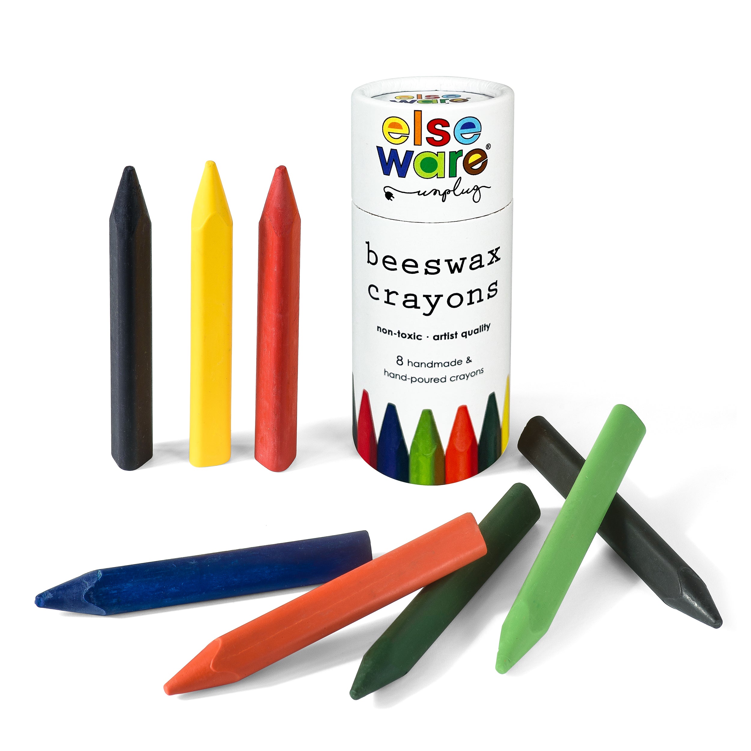 Set of eight Elseware Unplug triangle-shaped beeswax crayons in vibrant colors, including red, yellow, blue, green, and black, displayed with a reusable cardboard storage tube. Non-toxic and hand-poured for an eco-friendly, artist-quality coloring experience."
Let me know if you have more images to upload