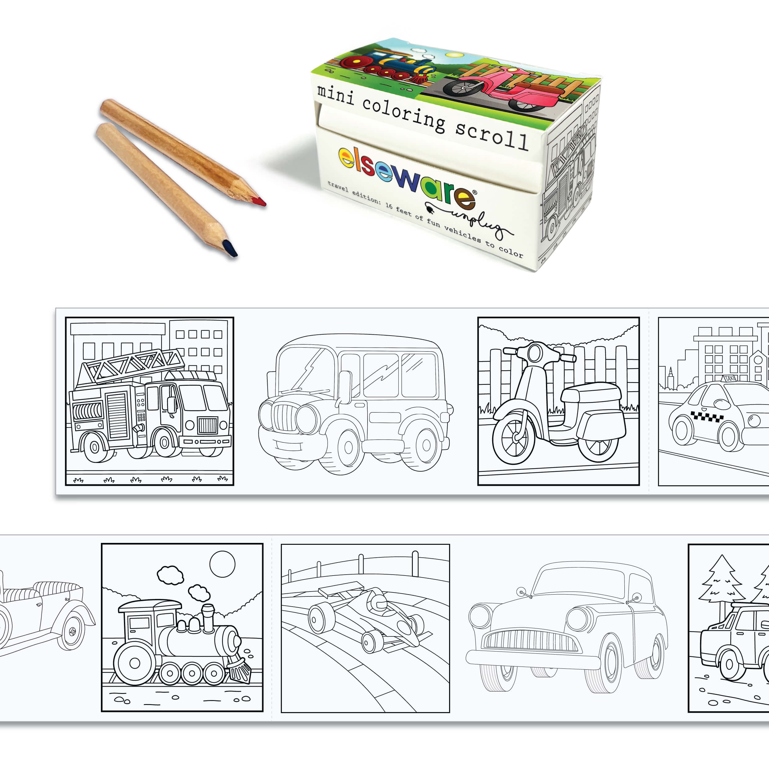 Coloring book with mini coloring scroll, two pencils, and coloring pages of vehicles on a white background.