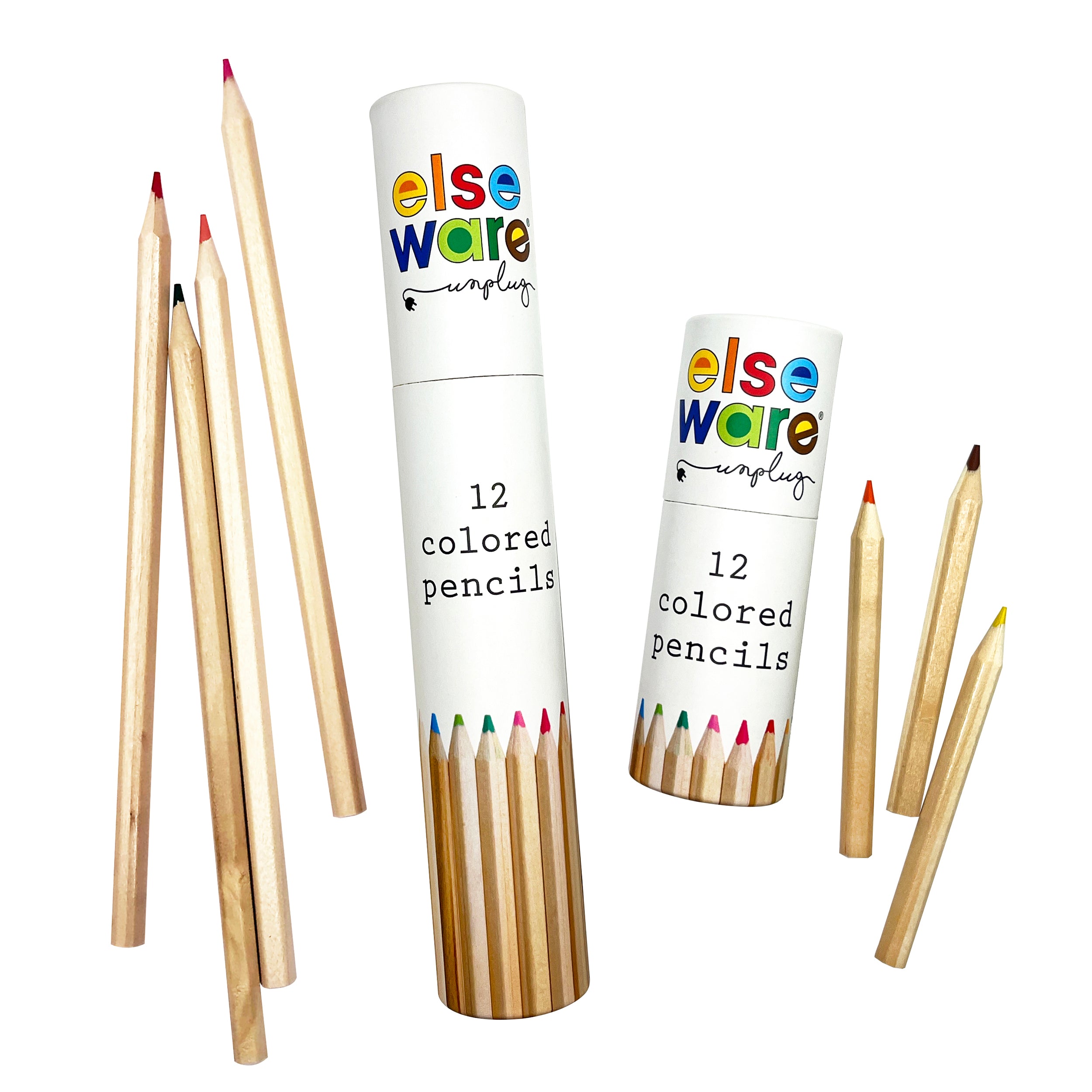 Set of twelve Elseware Unplug tall 7-inch pre-sharpened beechwood colored pencils arranged around a plastic-free, reclosable white storage tube. Featuring vibrant hues, these sustainable, eco-friendly pencils are perfect for extended creativity at home or in the studio.