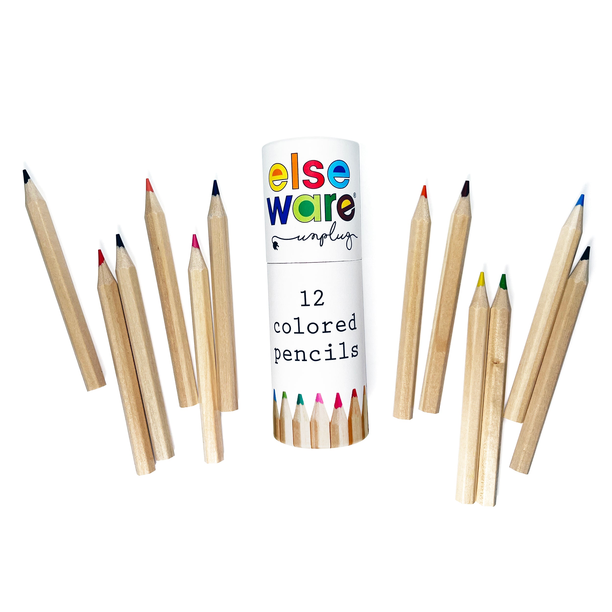 Set of twelve Elseware Unplug short 3.5-inch pre-sharpened beechwood colored pencils displayed around a plastic-free, reclosable white storage tube. Featuring vibrant hues, these compact, eco-friendly pencils are perfect for travel and on-the-go creativity.