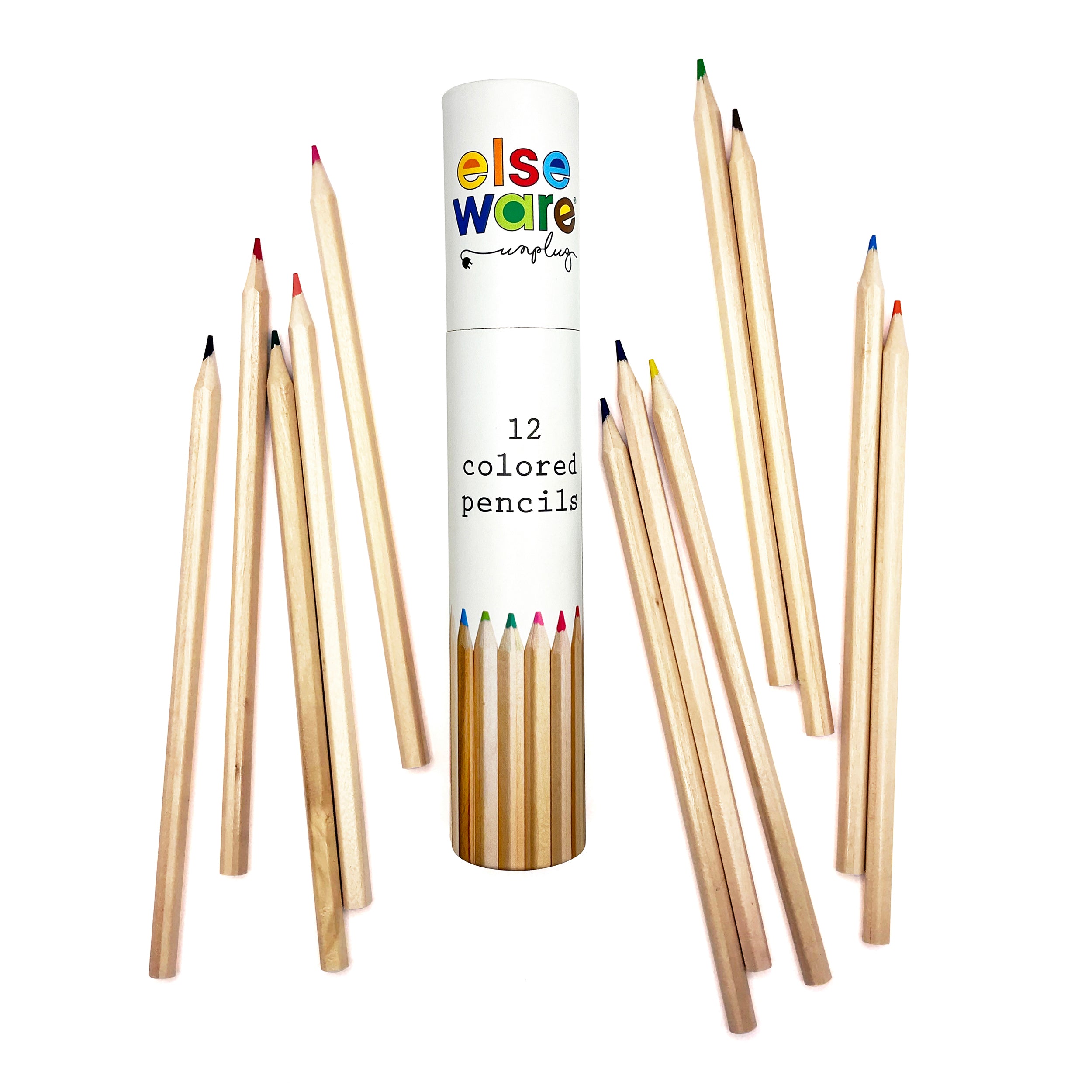 Set of twelve Elseware Unplug tall 7-inch pre-sharpened beechwood colored pencils arranged around a plastic-free, reclosable white storage tube. Featuring vibrant hues, these sustainable, eco-friendly pencils are perfect for extended creativity at home or in the studio.
