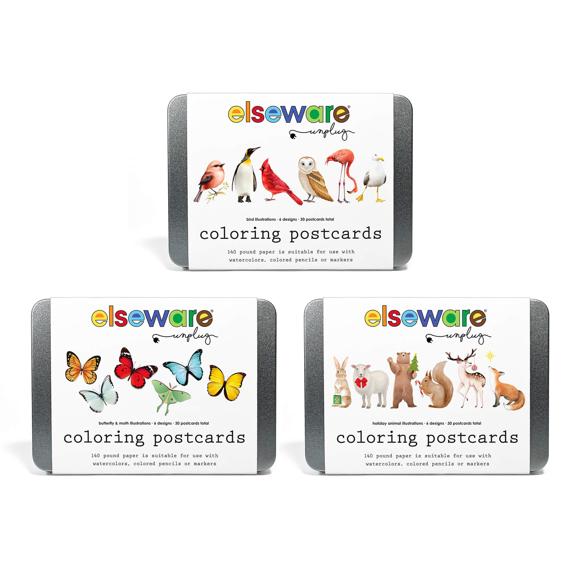 Elseware Unplug coloring postcards in metal tins featuring bird, butterfly, and holiday animal illustrations. Each set includes 30 postcards on 140-pound paper, suitable for watercolor, colored pencils, or markers.