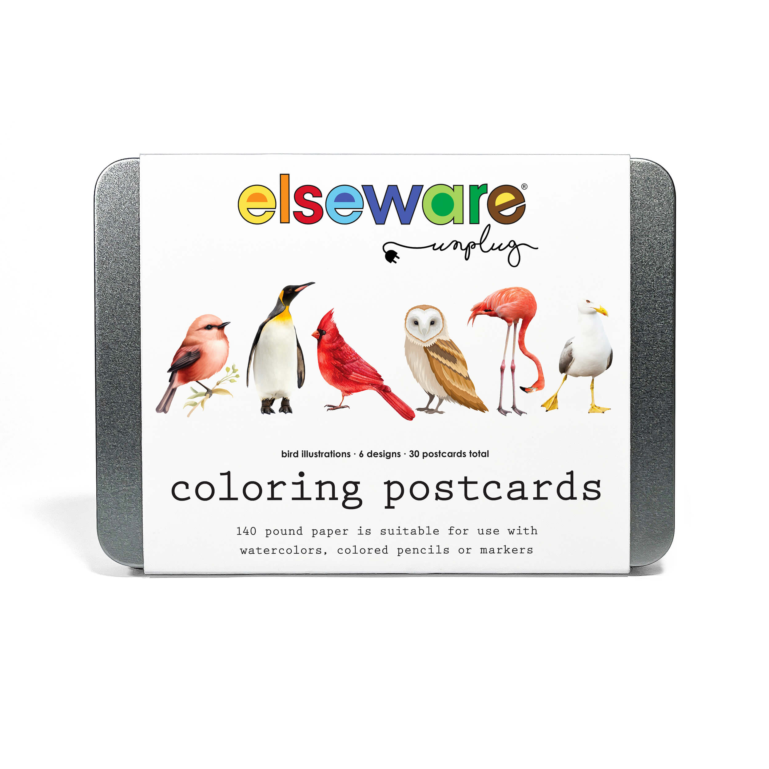 Packaging of Elseware coloring postcards with bird illustrations on a white background
