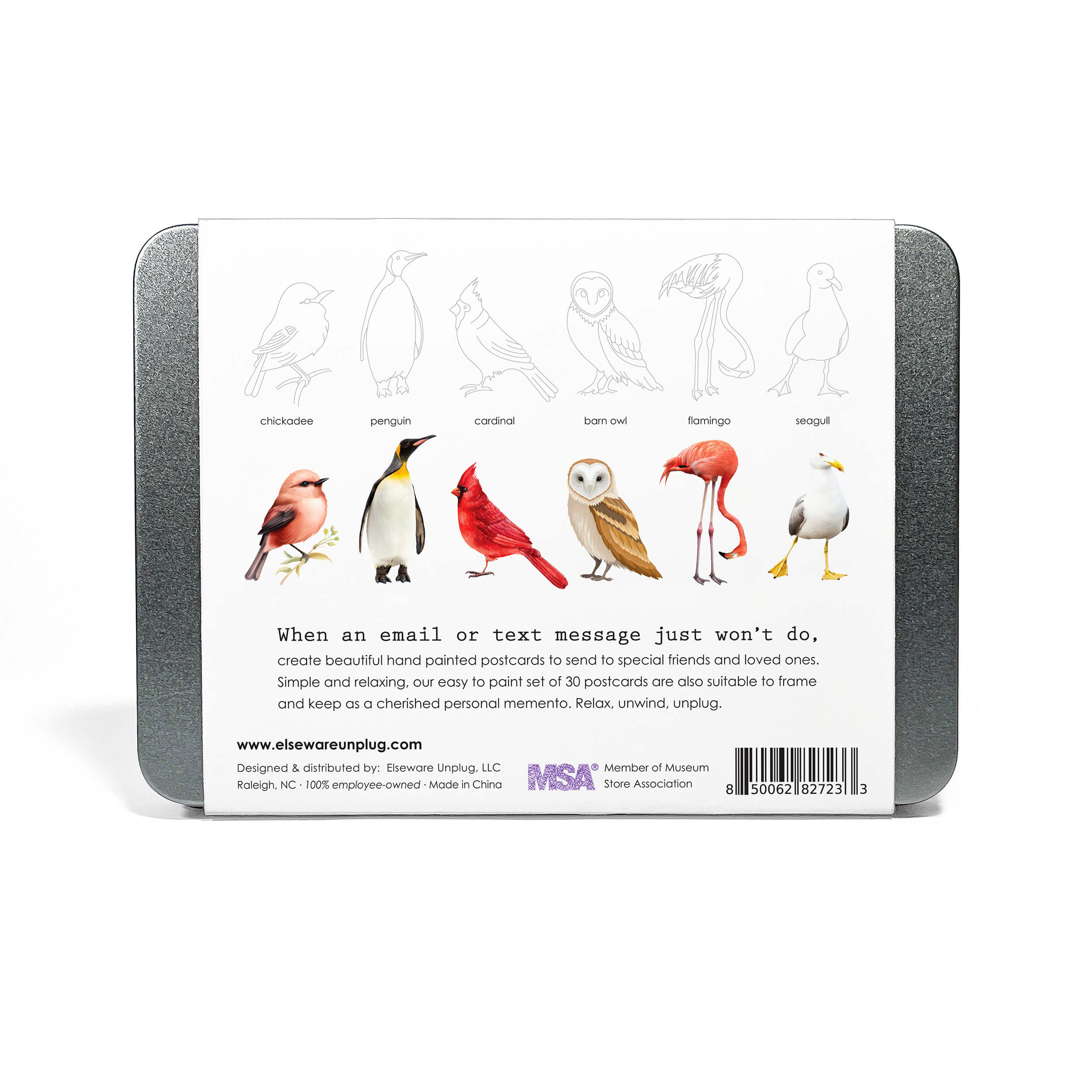 Back of a packaging box with illustrations of birds and text on a white background