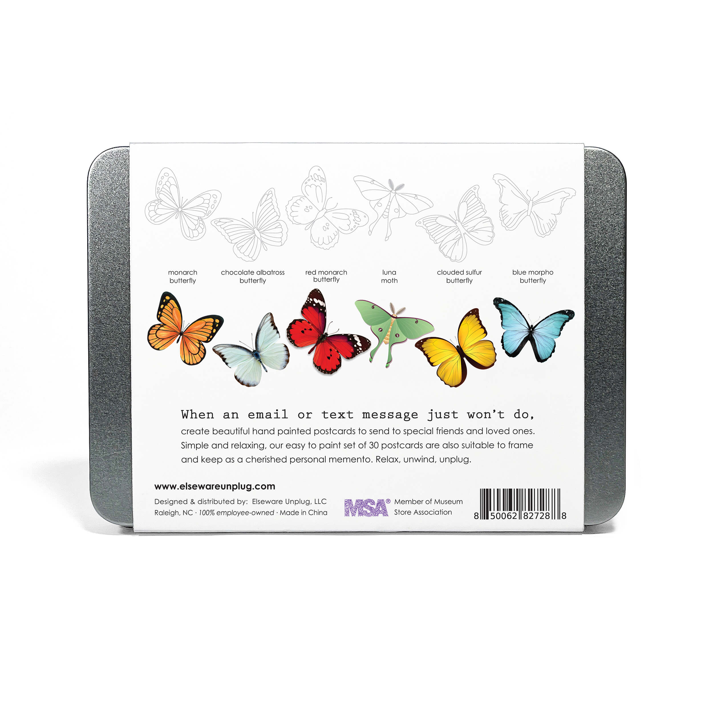 Packaging of butterfly-themed postcards with illustrations on a white background
