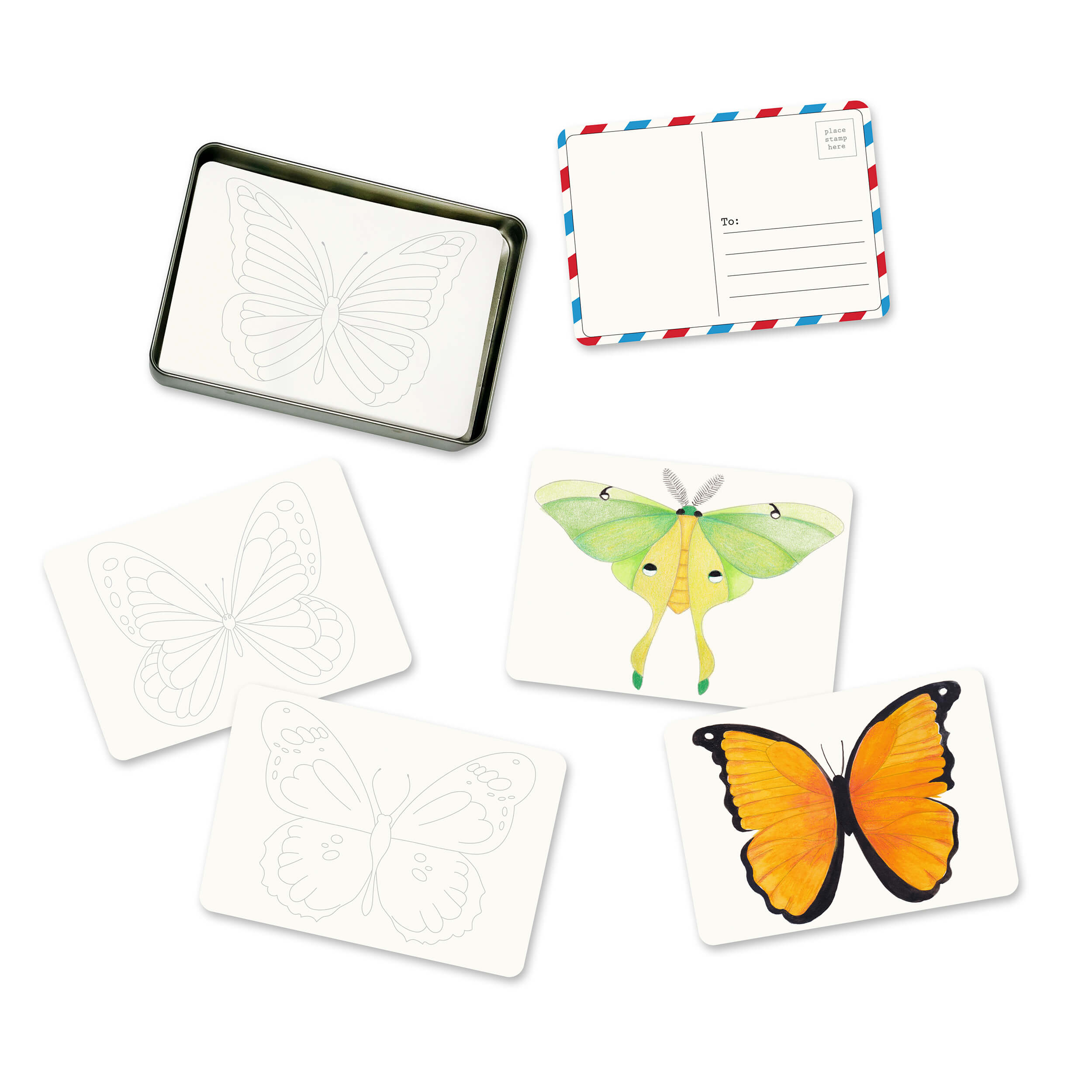 Set of butterfly-themed cards and postcards on a white background
