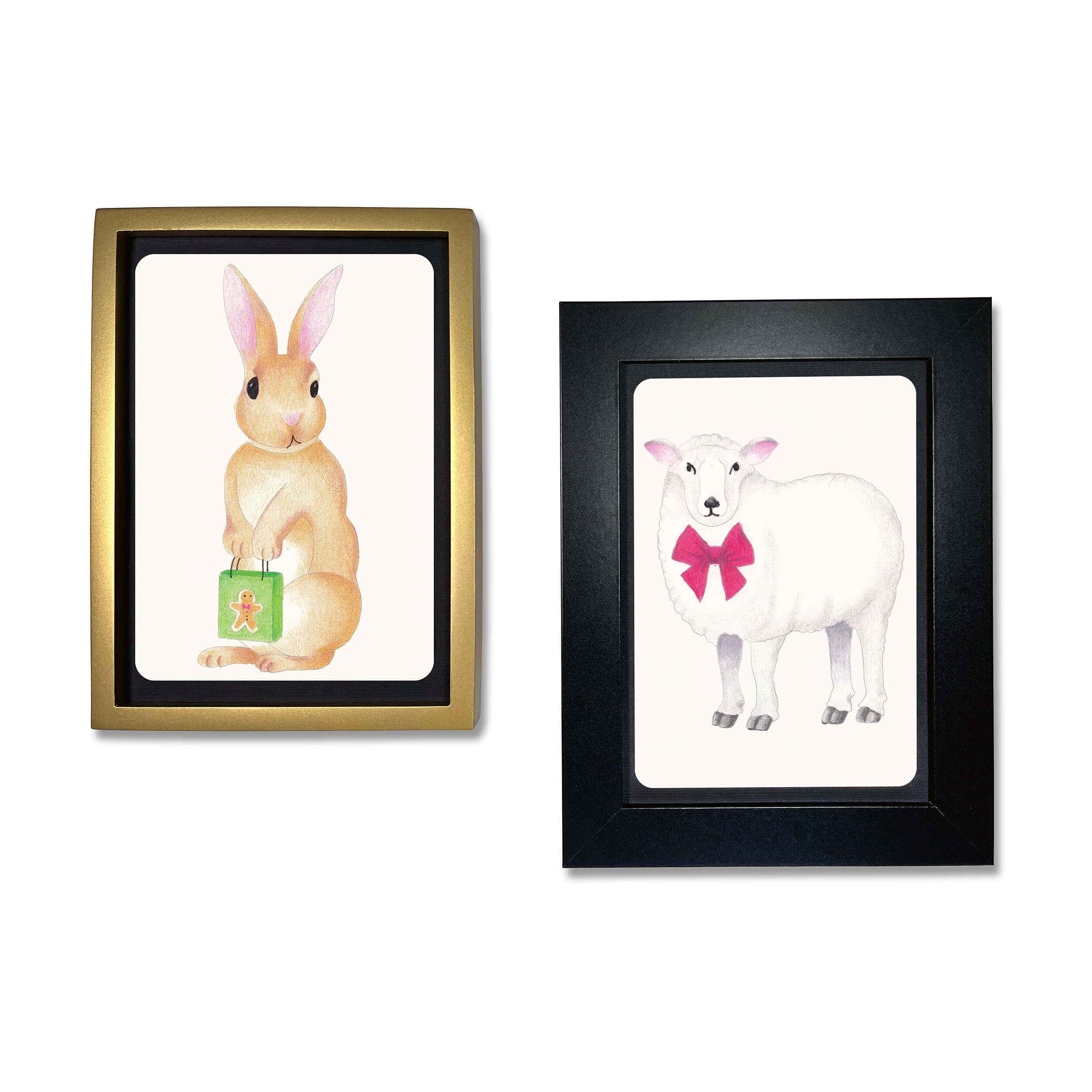 Elseware Unplug coloring postcard illustrations of a rabbit holding a gingerbread gift box and a sheep with a red bow, displayed in decorative frames.