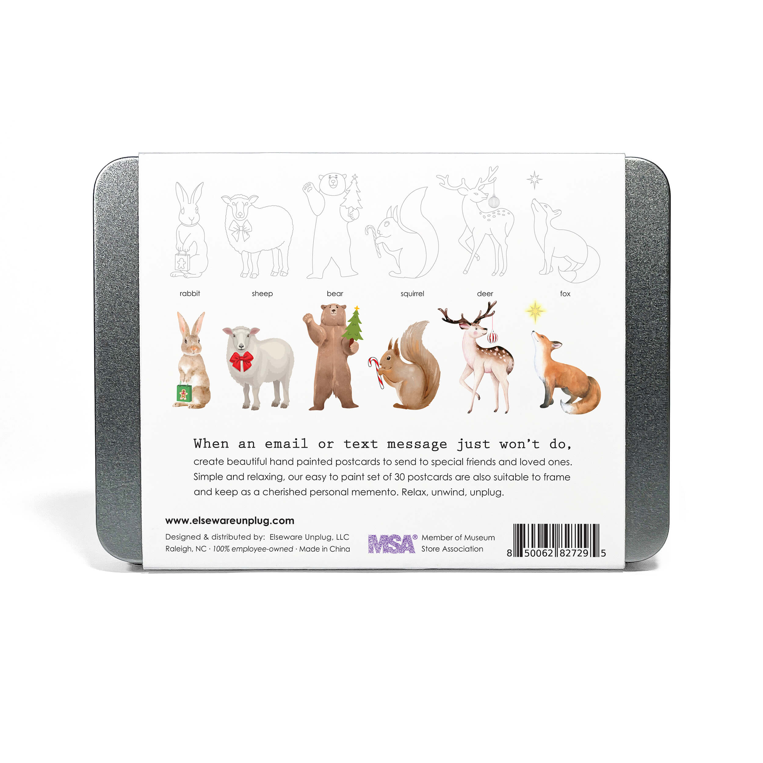Back of a packaging box with illustrations of animals and text on a white background