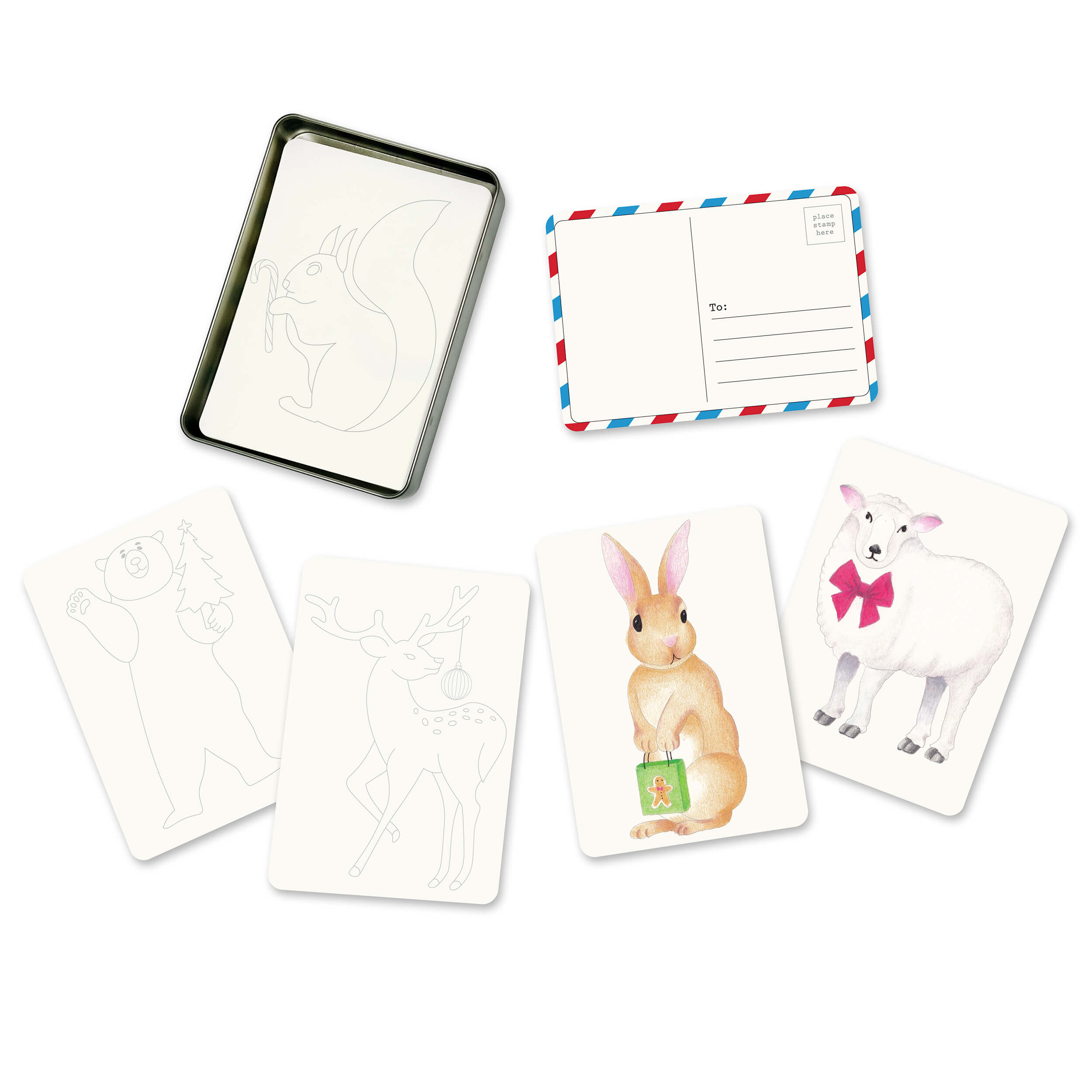 Set of children's cards with animal illustrations on a white background