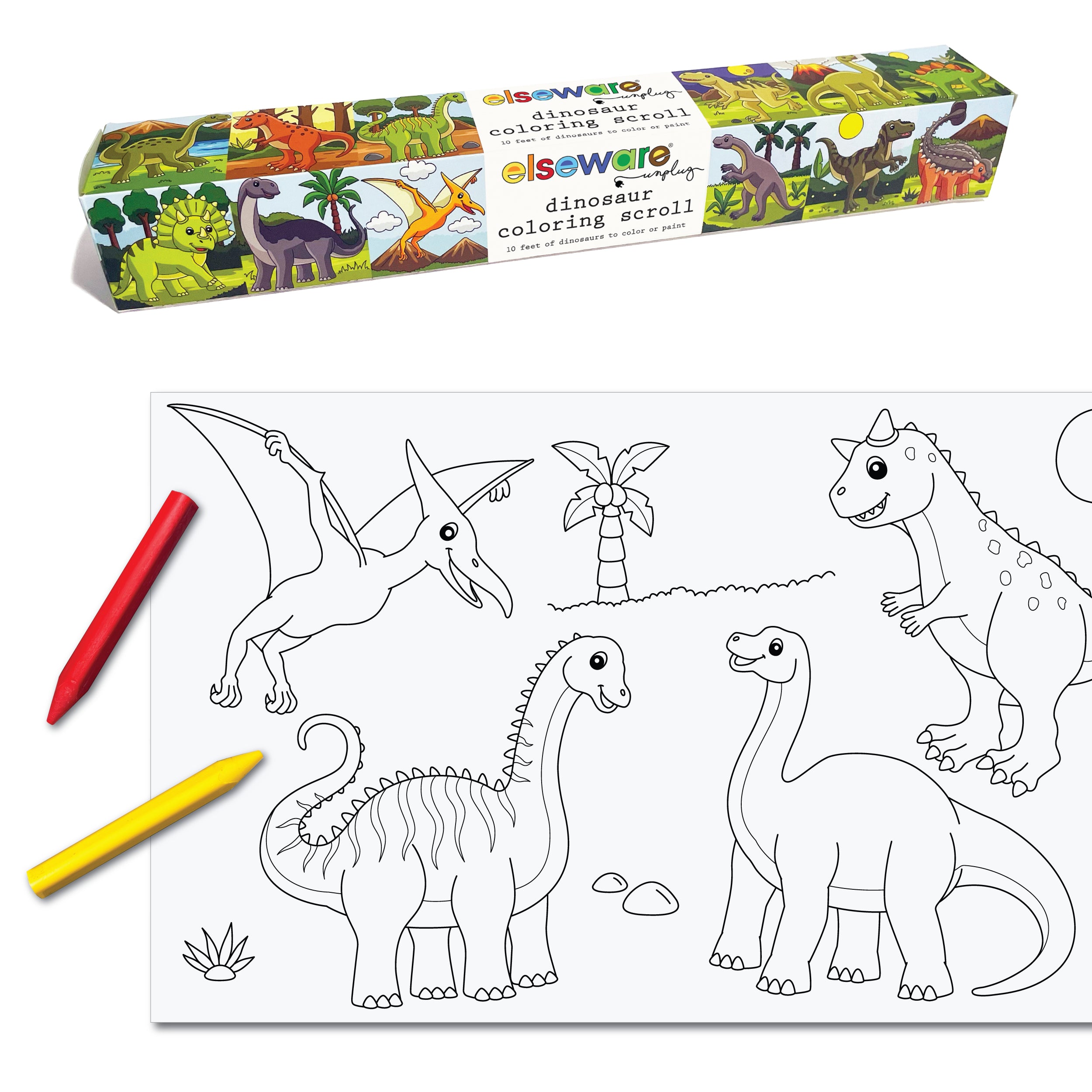 Elseware Unplug Dinosaur Coloring Scroll featuring a 10-foot roll of dinosaur-themed illustrations. The packaging showcases vibrant images of various dinosaurs like T-Rex, Triceratops, and Brachiosaurus in prehistoric landscapes. A partially unrolled section reveals black-and-white drawings of friendly dinosaurs, a flying Pterodactyl, and a palm tree, ready to be colored with the included red and yellow crayons. This eco-friendly, engaging activity encourages creativity and learning about dinosaurs.