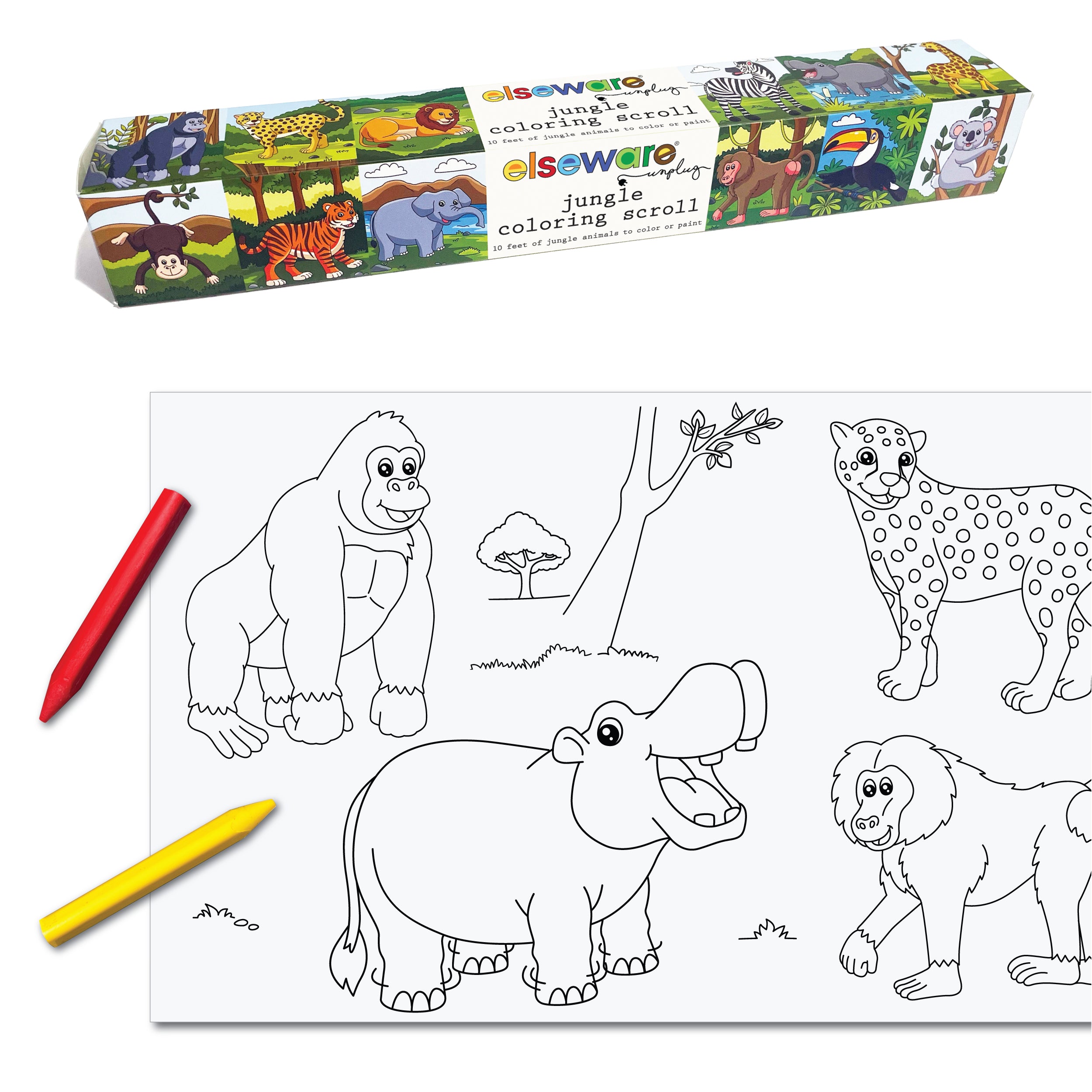 Elseware Unplug Jungle Coloring Scroll featuring a 10-foot roll of jungle-themed illustrations, including a gorilla, hippo, cheetah, and lion. The packaging displays colorful images of various jungle animals in their natural habitats. A partially unrolled section reveals black-and-white drawings ready to be colored with the included red and yellow crayons. This eco-friendly, engaging coloring activity encourages creativity and exploration of the animal kingdom.