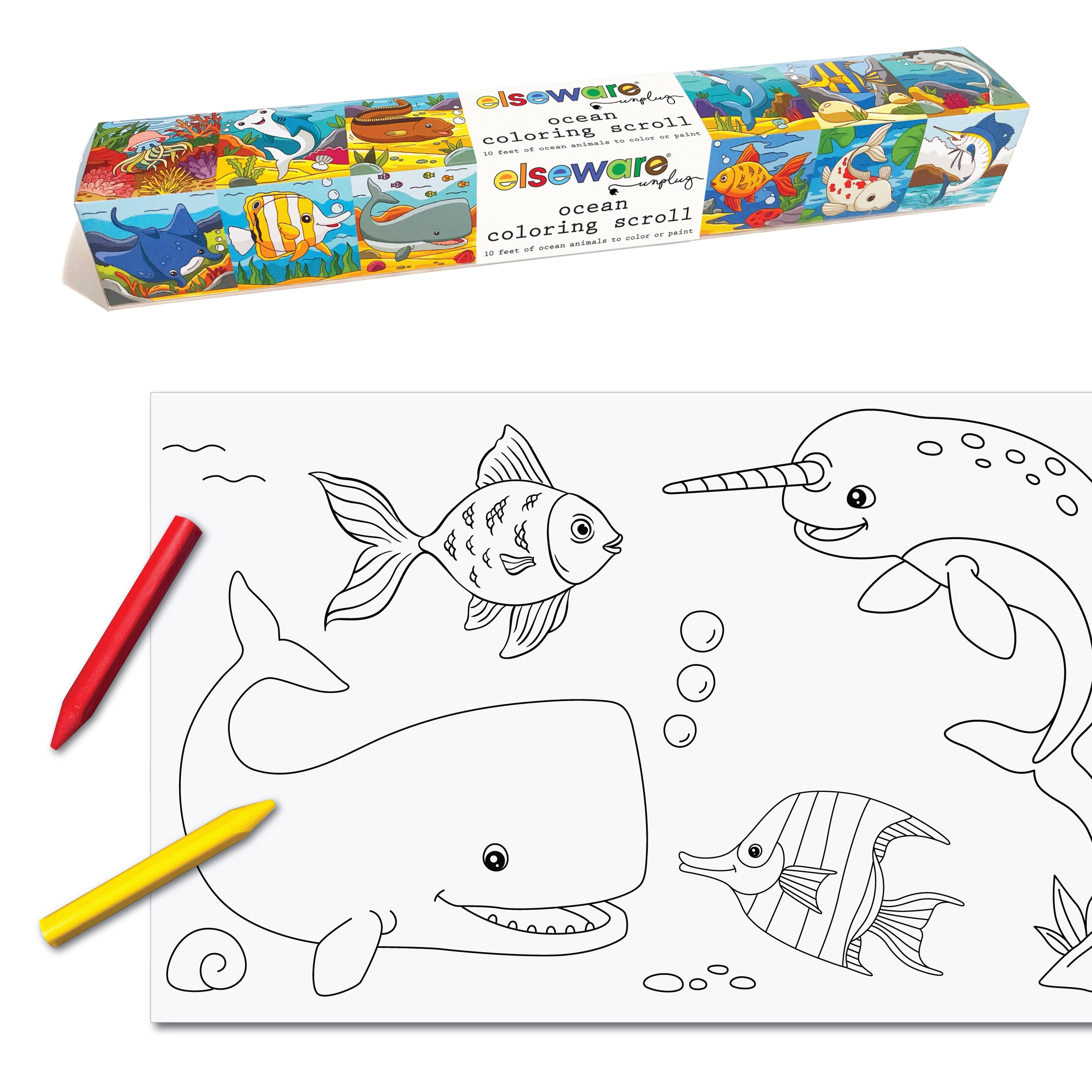 Elseware Unplug Ocean Coloring Scroll featuring a 10-foot roll of ocean-themed illustrations, including a whale, fish, narwhal, and other sea creatures. The packaging is decorated with vibrant underwater scenes. A partially unrolled section showcases black-and-white marine life drawings, ready to be colored with the included red and yellow crayons. This eco-friendly, interactive coloring activity is perfect for inspiring creativity and a love for the ocean.