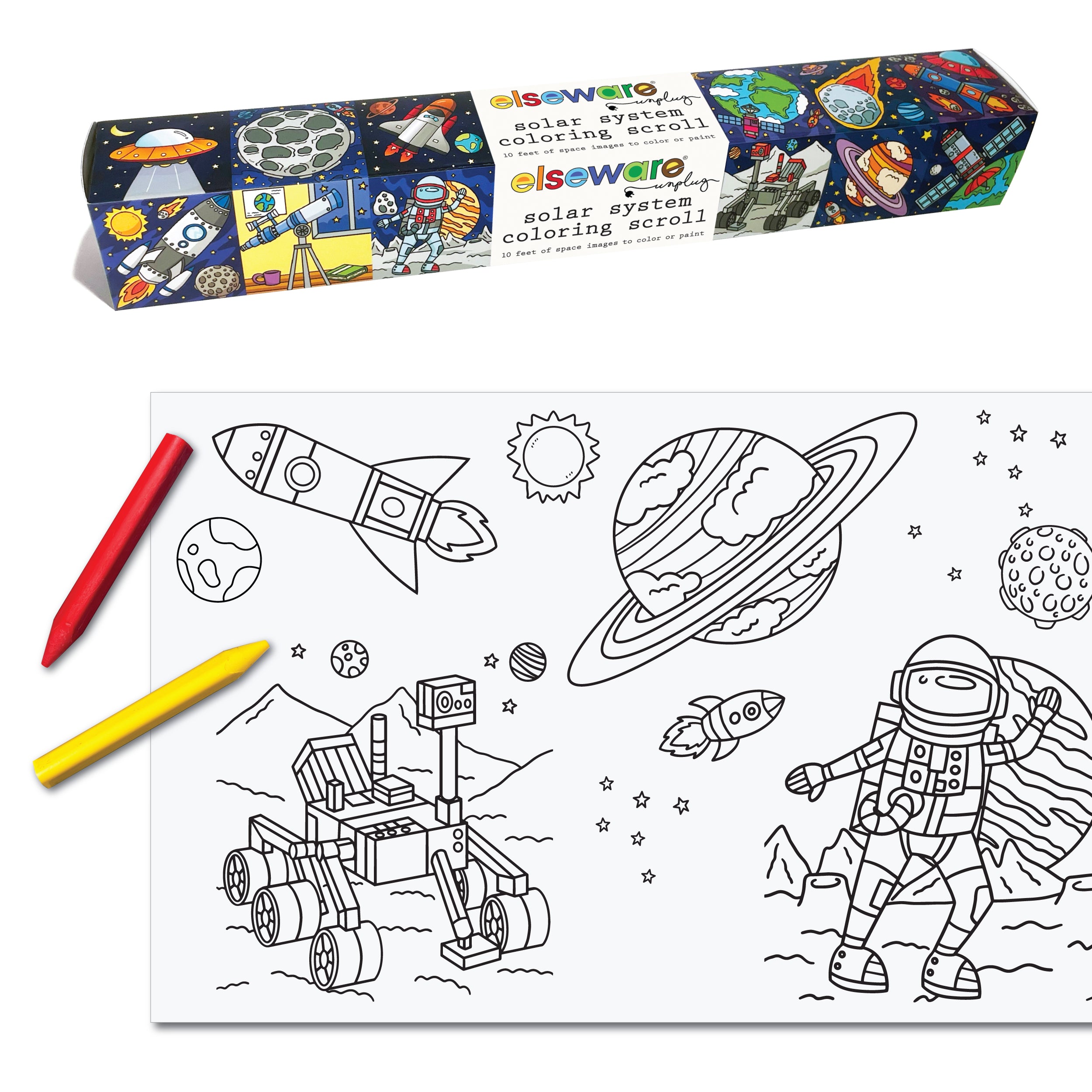 Elseware Unplug Solar System Coloring Scroll featuring a 10-foot roll of space-themed illustrations, including astronauts, planets, rockets, and a Mars rover. The packaging is decorated with colorful space imagery. A partially unrolled section showcases black-and-white drawings ready to be colored with the included red and yellow crayons. This eco-friendly, interactive coloring activity is designed for hours of creative fun.