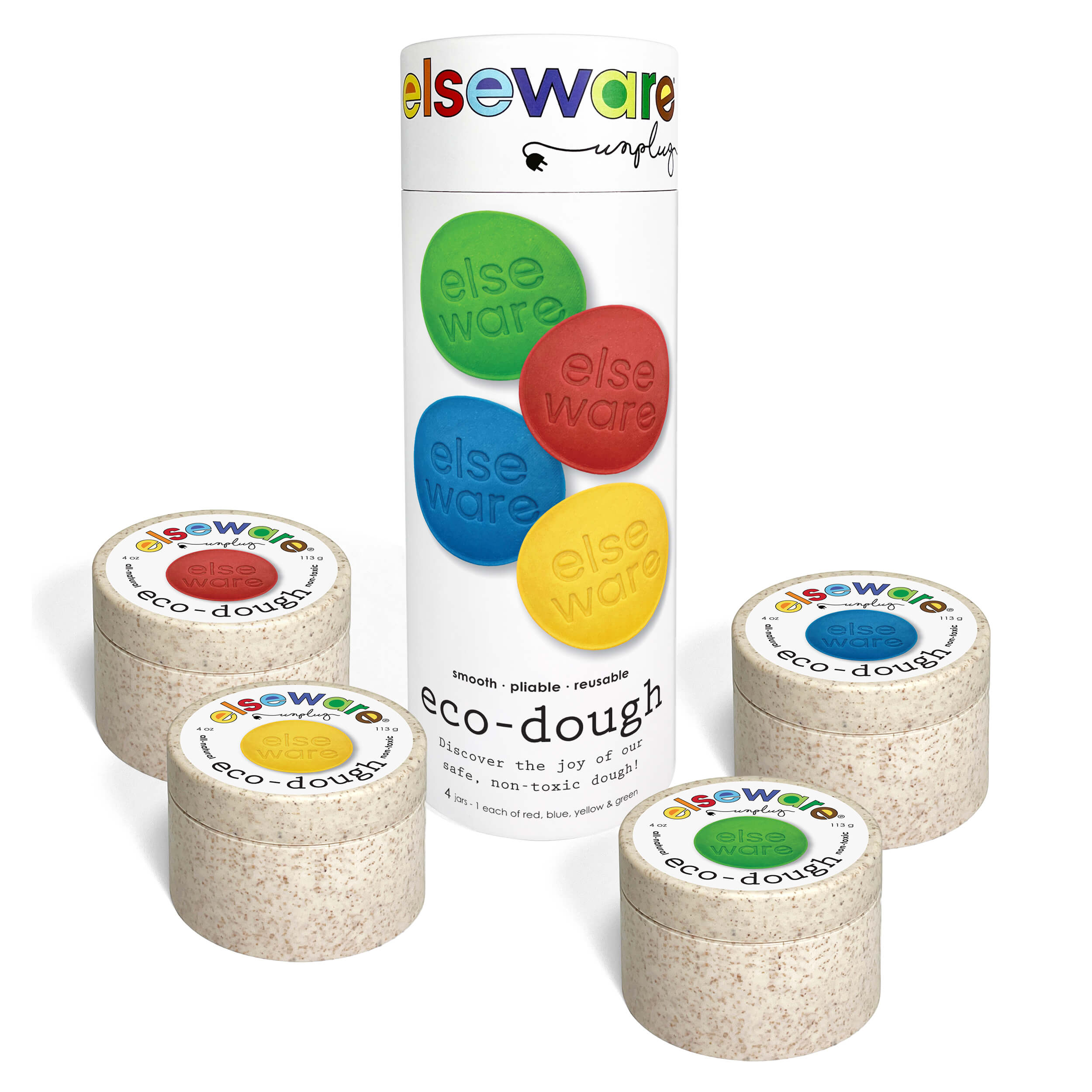 Set of eco-dough containers with colorful labels and a packaging tube on a white background