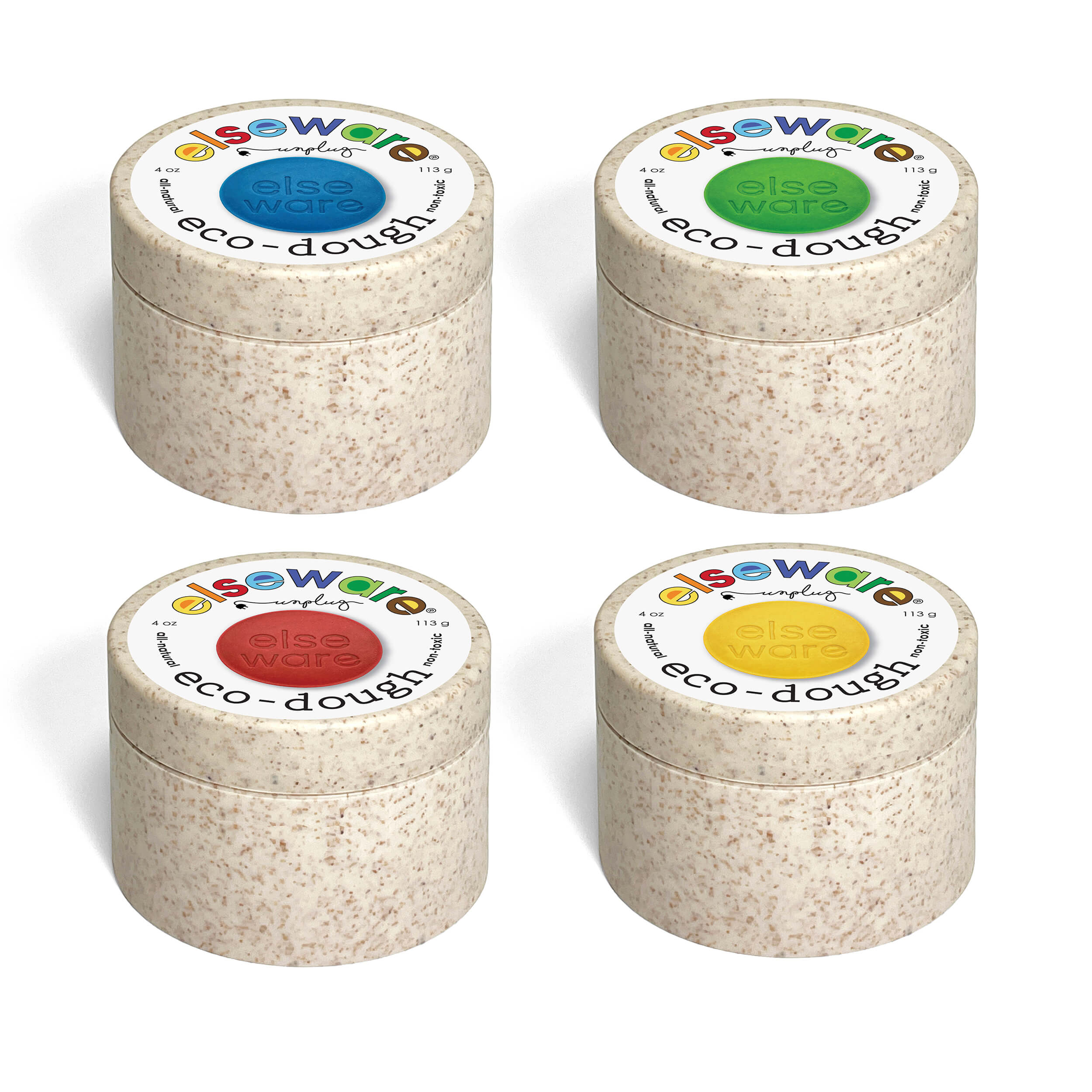 Four containers of eco-dough with different colored lids on a white background
