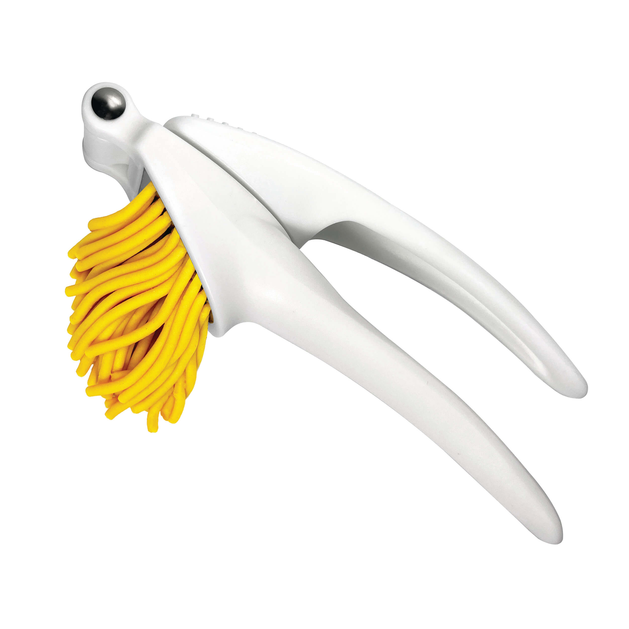 White dough press tool with yellow dough on a white background