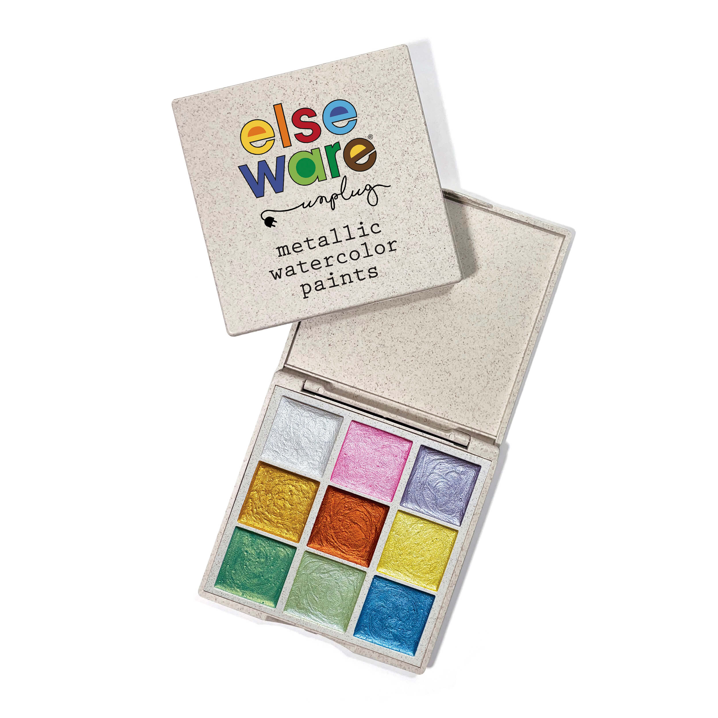 Open box of metallic watercolor paints with 'elseware' branding on a white background