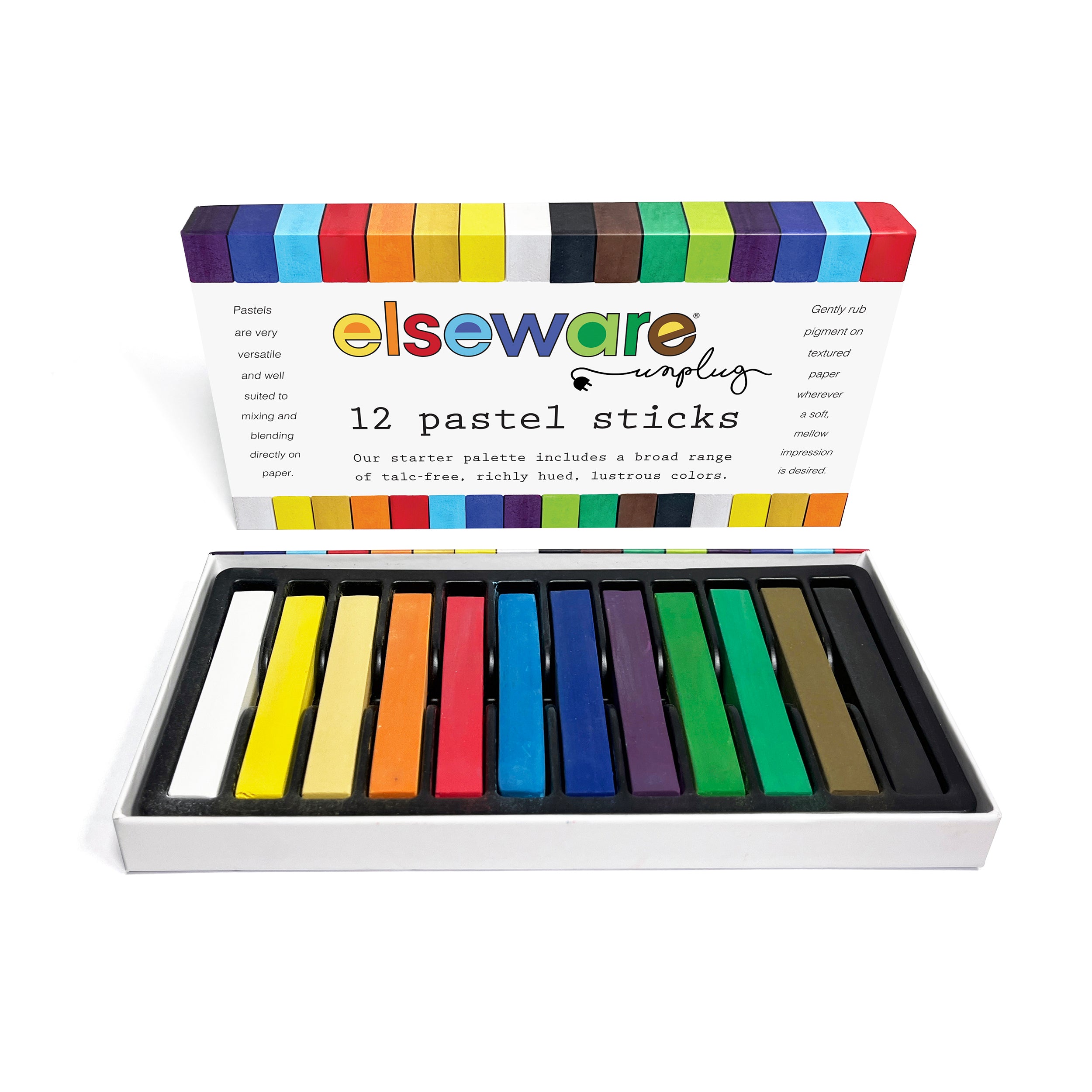 Open box of Elseware Unplug pastel sticks showing 12 rich colors in a starter palette set