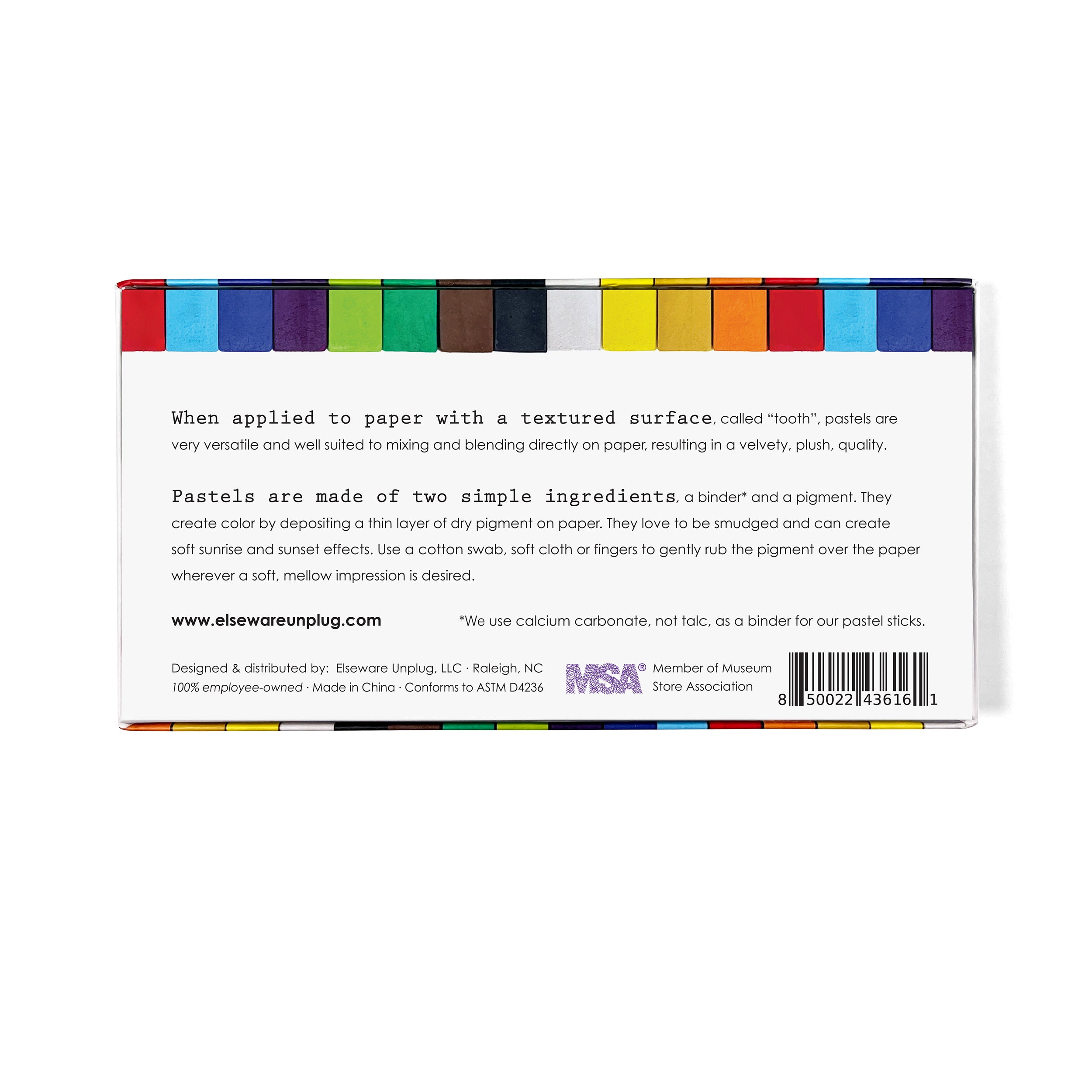 Back packaging of Elseware Unplug pastel sticks showing ingredients, instructions, and company details