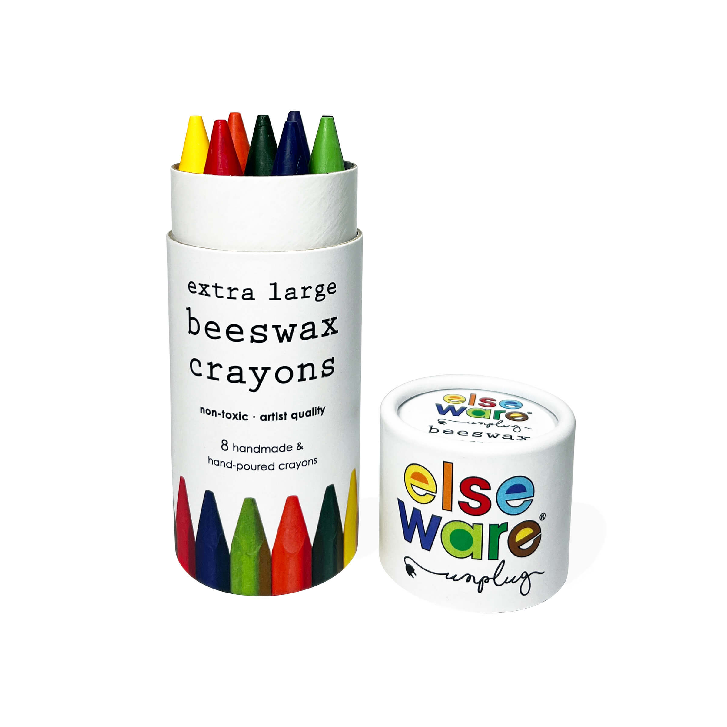 Set of extra large beeswax crayons in a white container with elseware unplug branding.