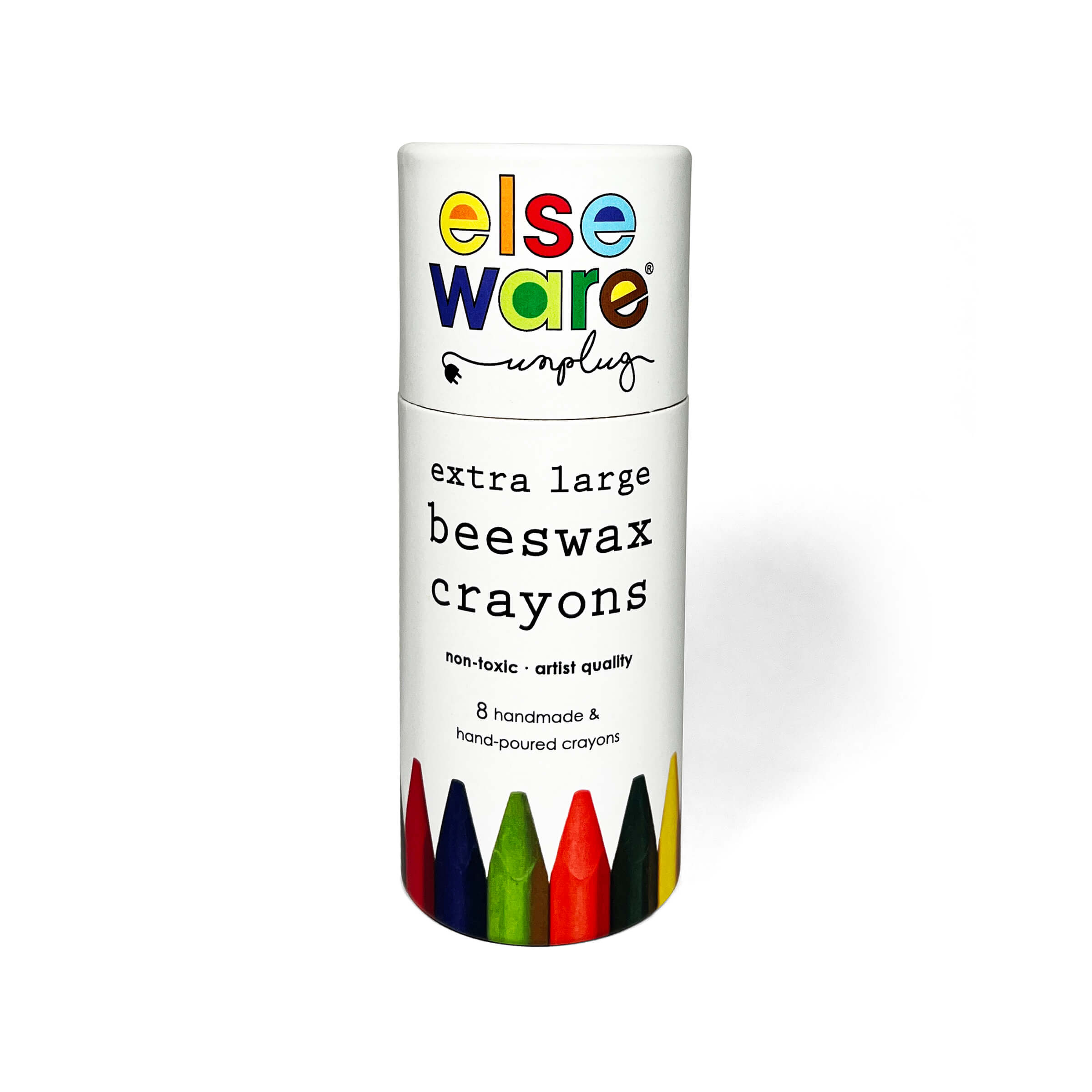 Canister of Elseware extra large beeswax crayons on a white background